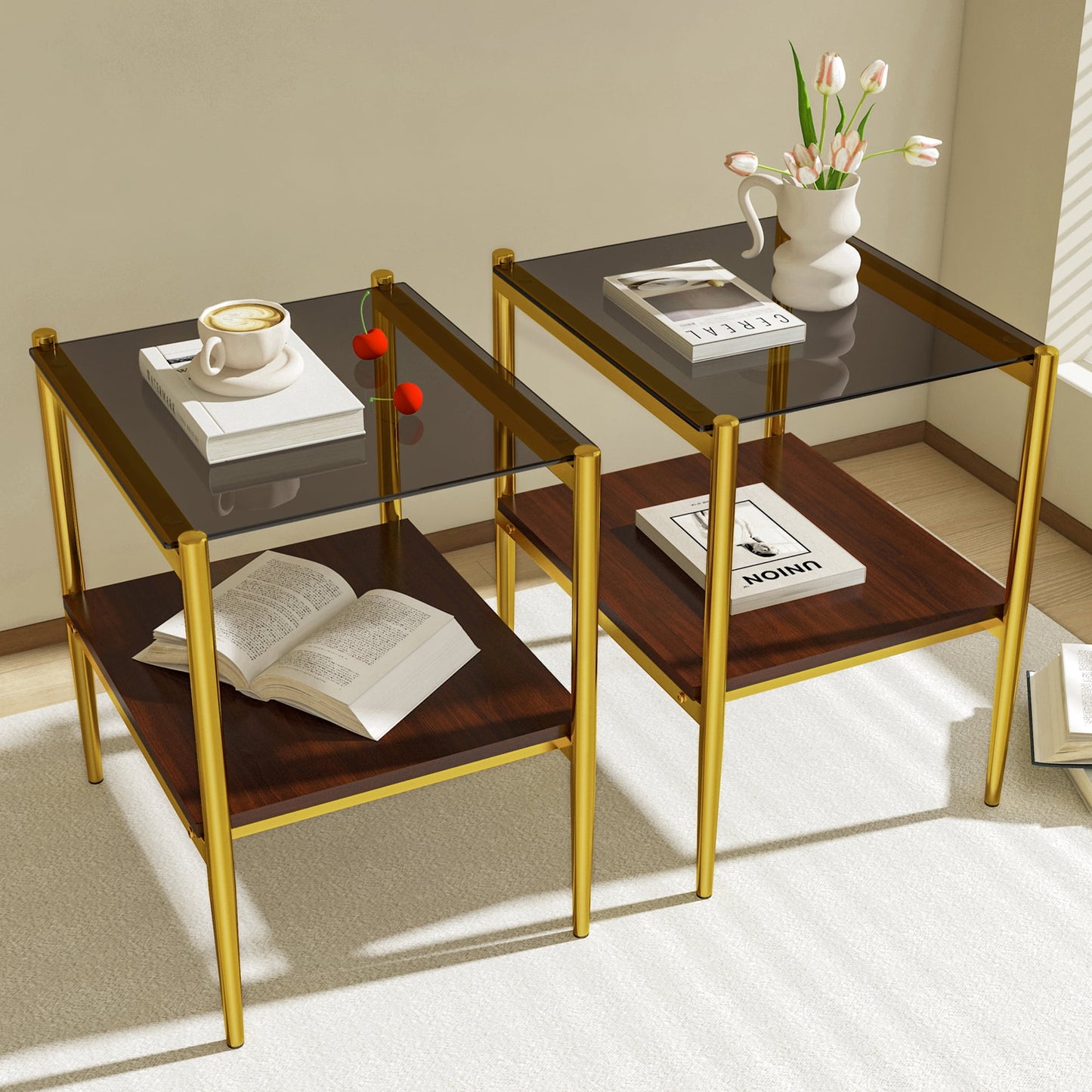 MAYEERTY Set of 2 Rectangle End Tables with Gray Tempered Glass & MDF Layer