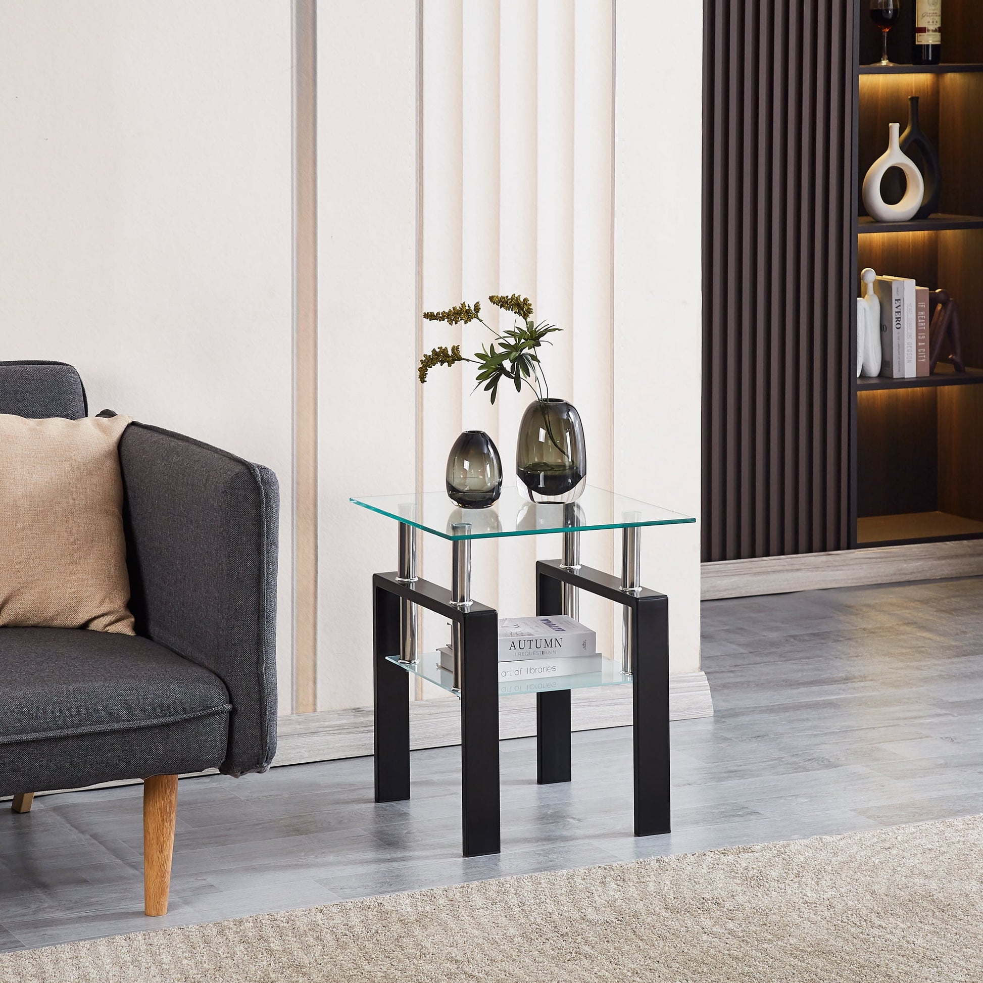 MAYEERTY Tempered Transparent Glass End Table, 2-Layers Small Table with Storage, Living Room Side Table