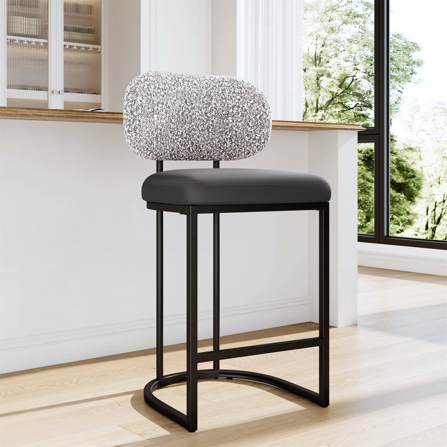 MF Studio Counter Height Bar Stool with Back, 24.8" Modern PU Upholstered Bar Chair with Large Chenille Back and Metal Frame, Gray