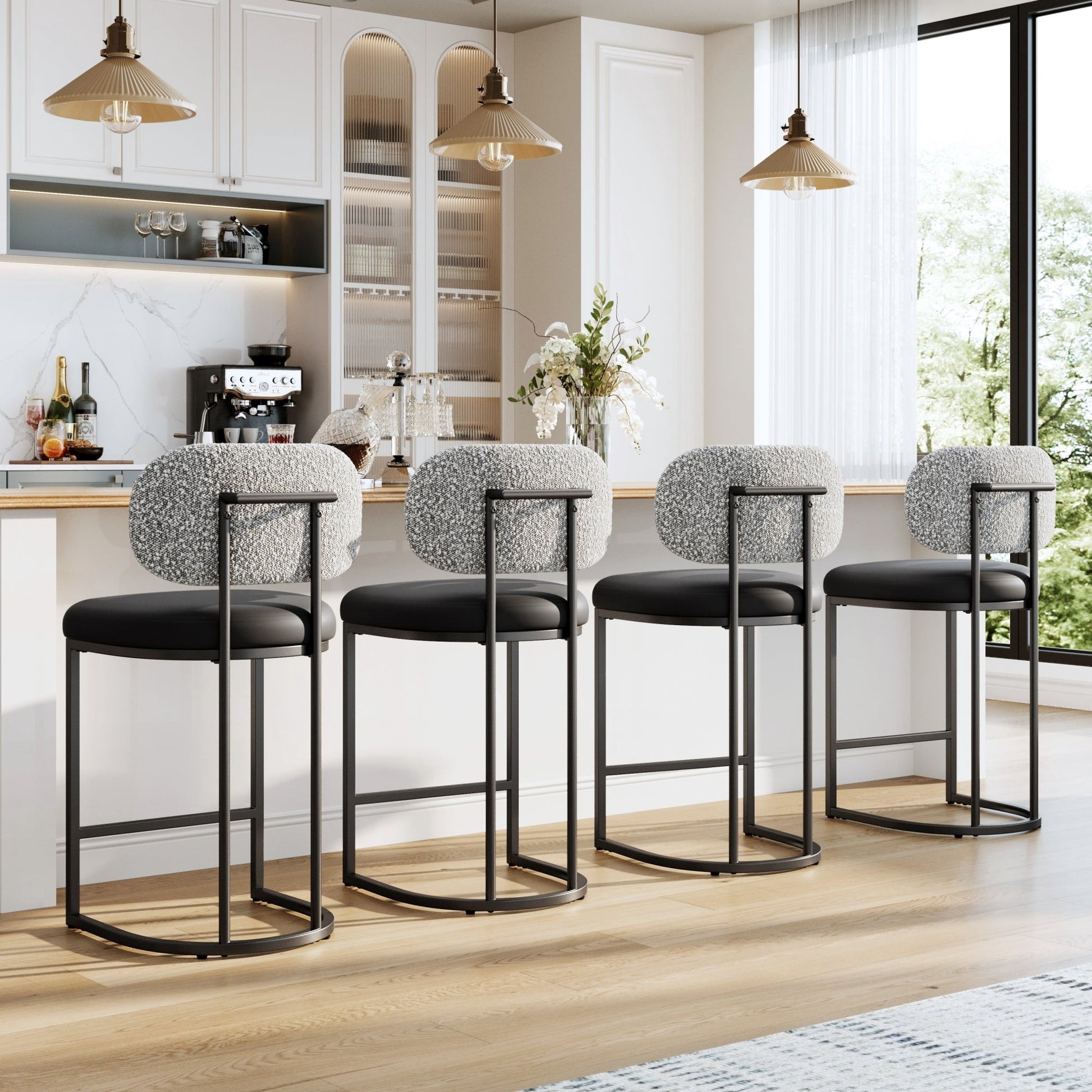 MF Studio Counter Height Bar Stool with Back, 24.8" Modern PU Upholstered Bar Chair with Large Chenille Back and Metal Frame, Taupe