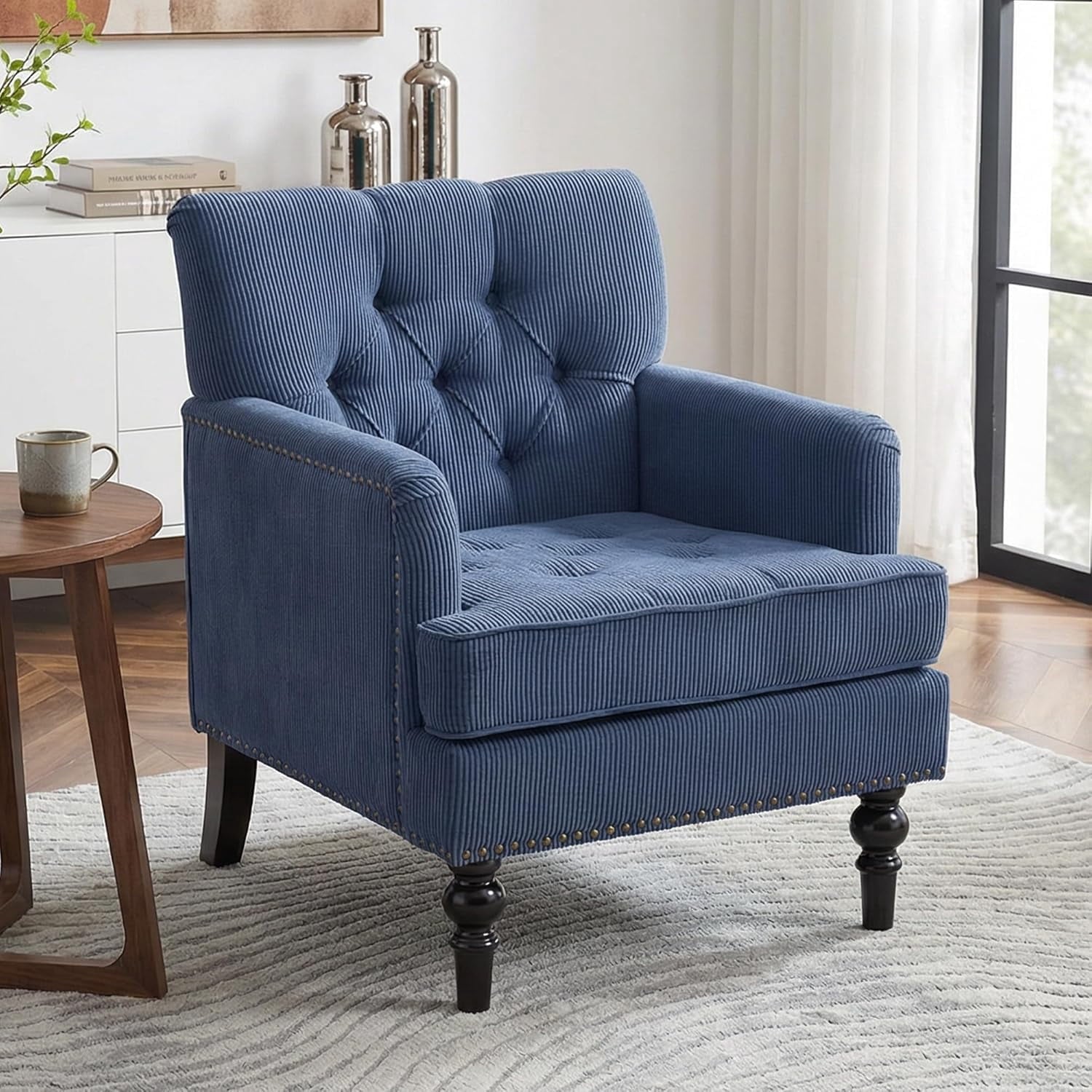 MOONMISS 26.4" Wide Accent Chair,tufted Club Chair With Linen Fabric,upholstered Button Armchair For Bedroom, Living Room,Blue