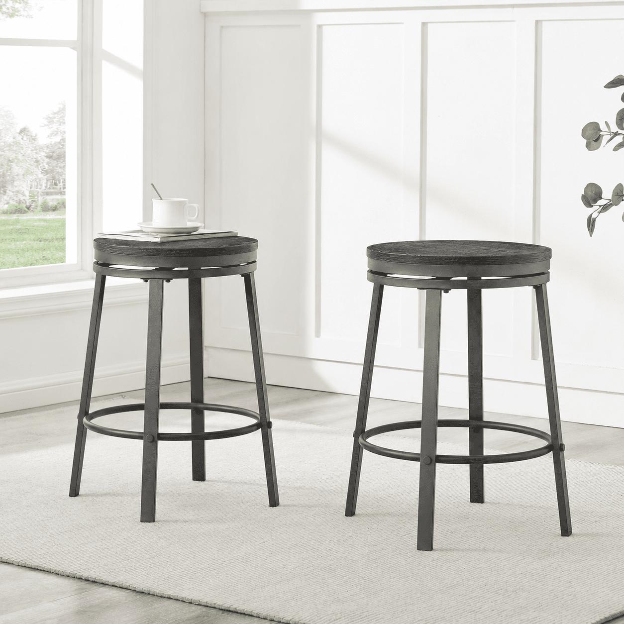 MOONMISS 360Â° Degree Swivel Bar Stool - Counter Height Metal Frame Stool for Kitchen Island, Home Bar &Cafe(Setof 2),Black