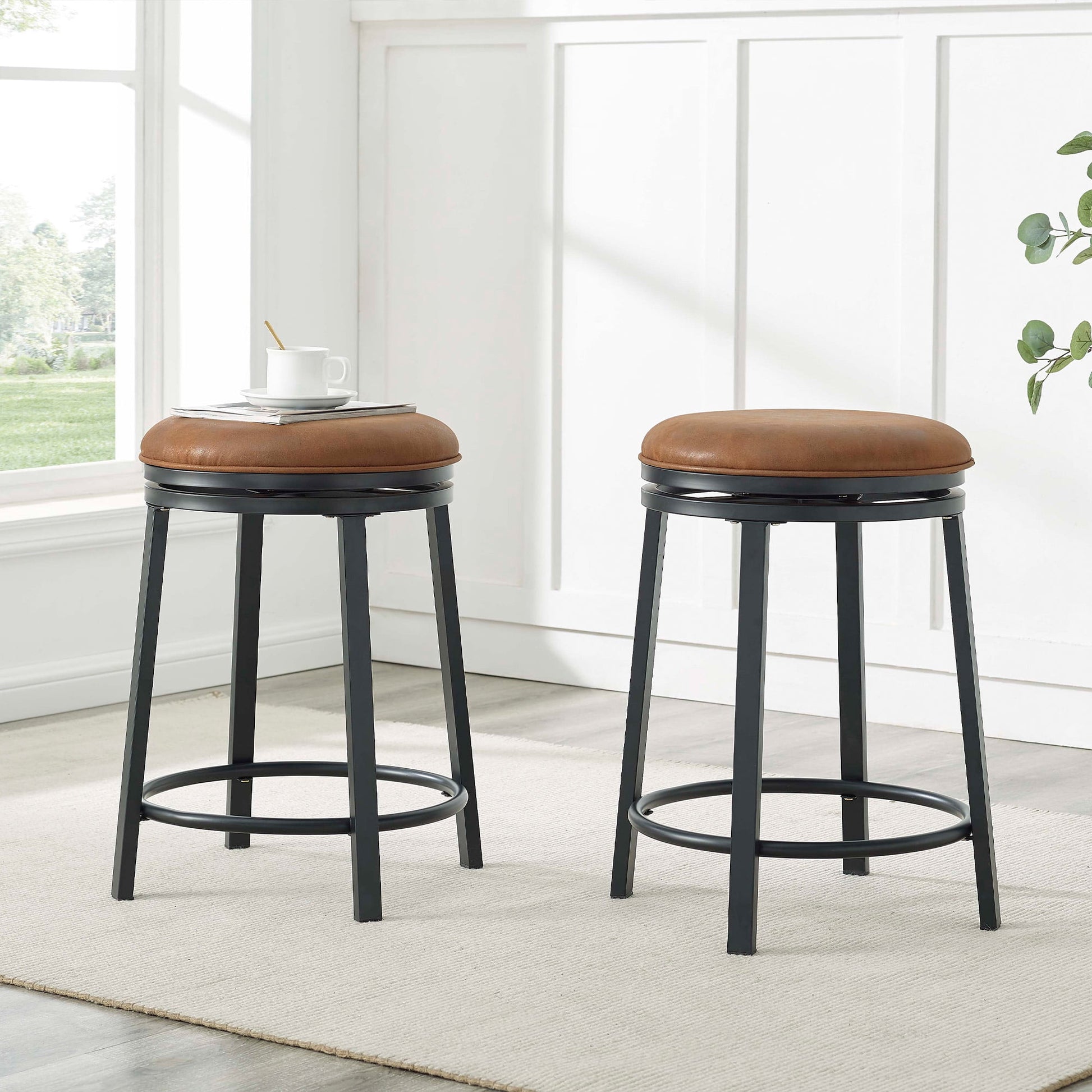 MOONMISS 360Â° Degree Swivel Bar Stool - Counter Height Metal Frame Stool for Kitchen Island, Home Bar &Cafe(Setof 2),Brown