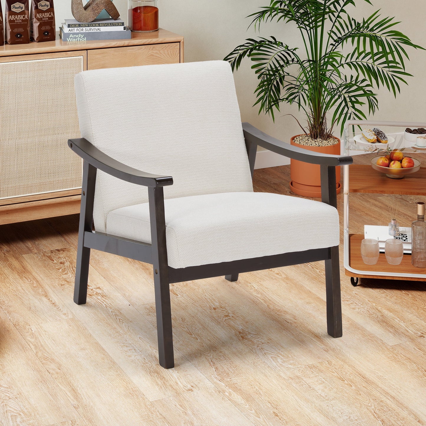 MOONMISS Accent Chair, Upholstered Comfy Single Sofa with Wood Feet, Mid Century Armchair for Bedroom, Living Room, Modern Comfy Reading Chair,White