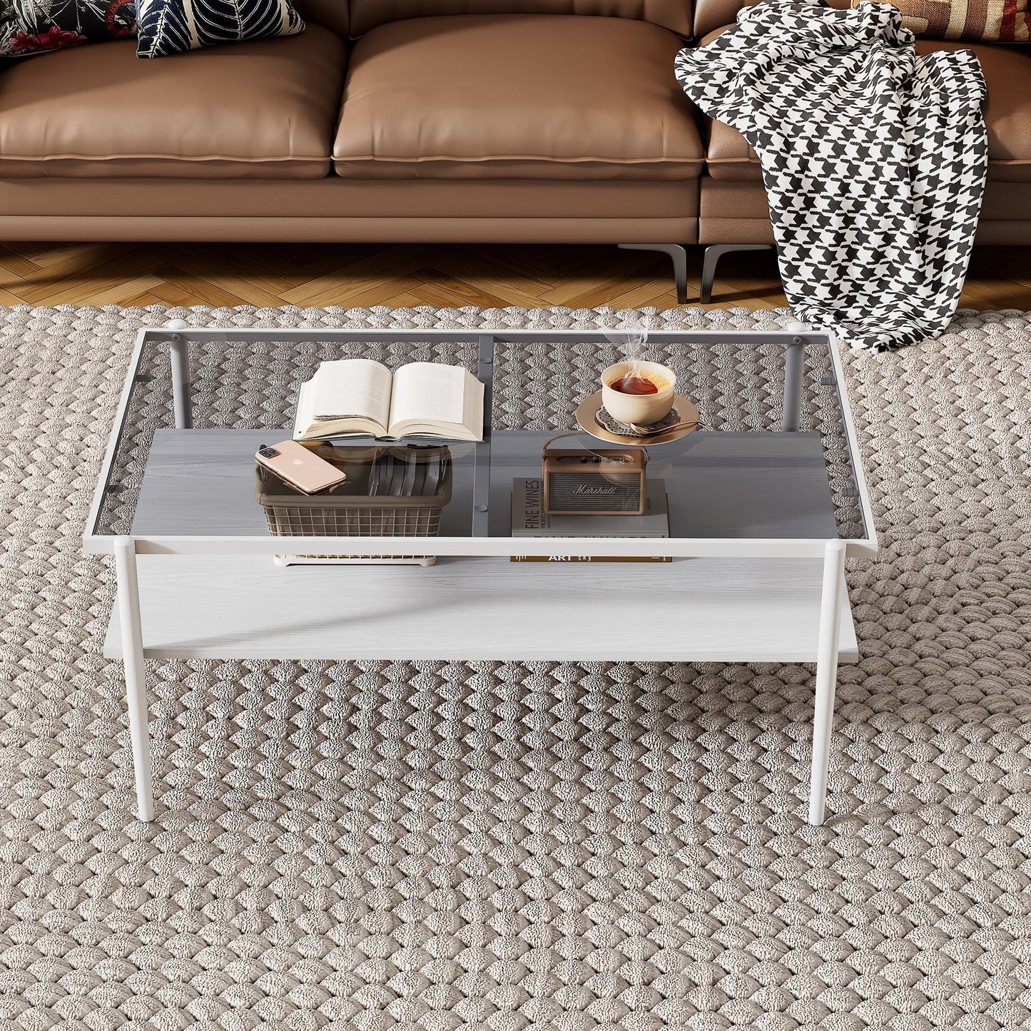 MOONMISS Coffee Glass Table,Tempered Glass top and White Legs,Modern Table for Living Room