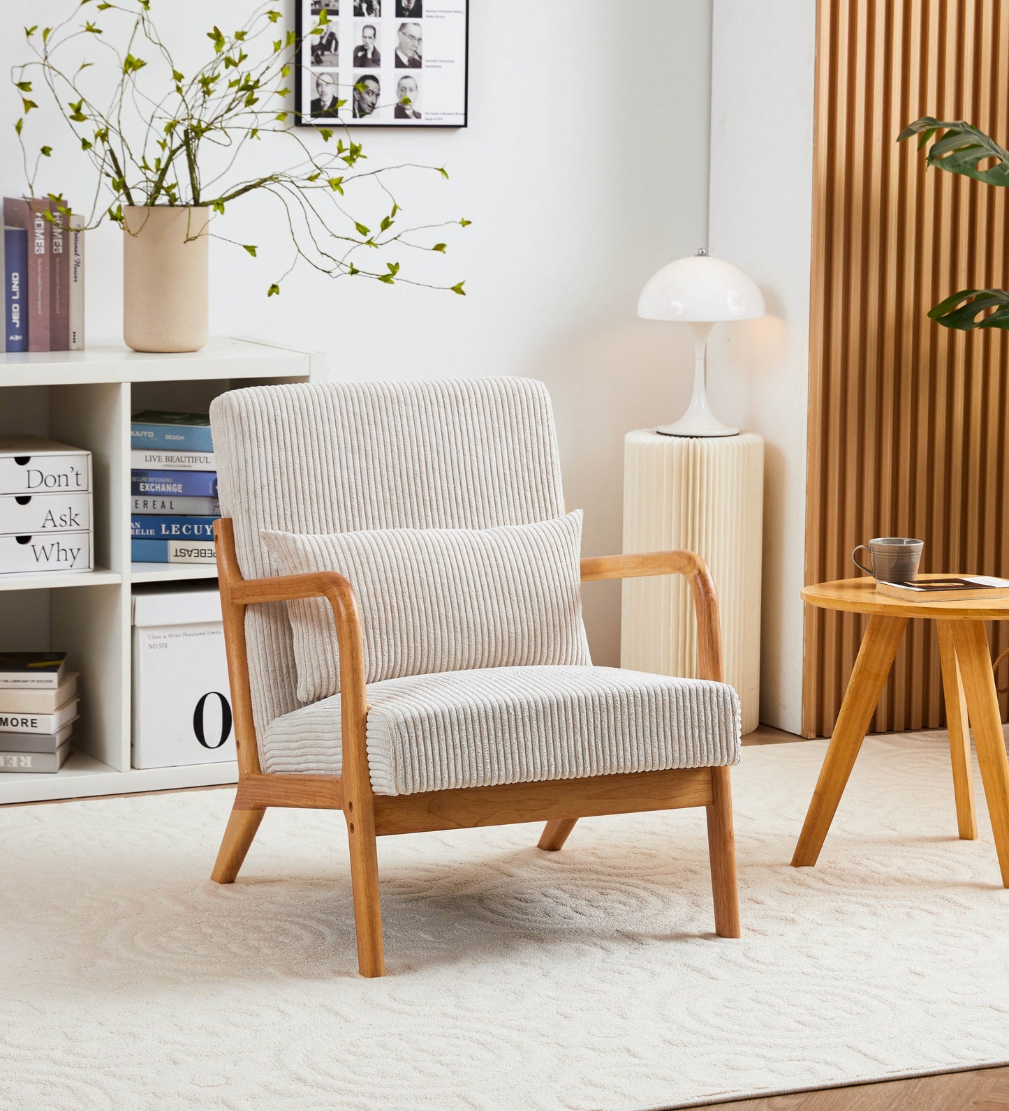 MOONMISS Corduroy Upholstered Mid-Century Modern Wood Frame Single Armchair-Beige