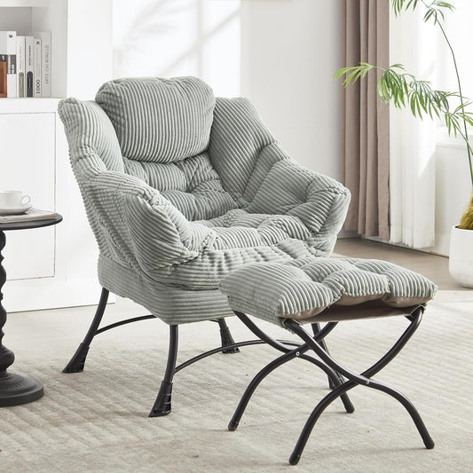 MOONMISS Corduroy Upholstered Oversized Lazy Chair with Folding Ottoman and a Side Pocket-Gray
