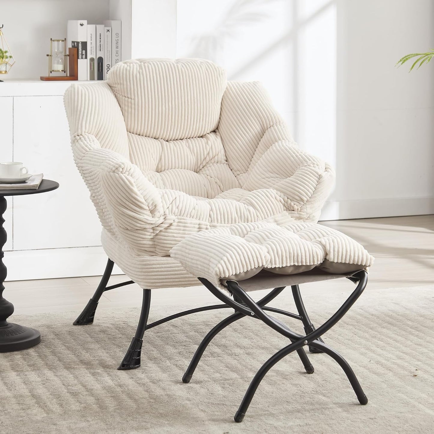MOONMISS Corduroy Upholstered Oversized Lazy Chair with Folding Ottoman and a Side Pocket-White