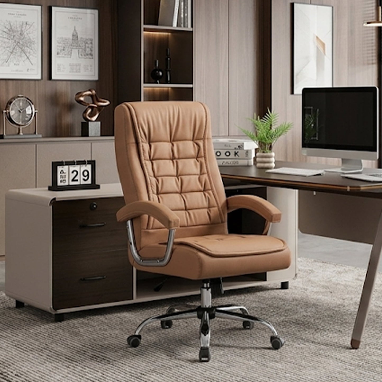 MOONMISS Executive Office Chair Adjustable Leather Chair High Back Swivel Office Desk Chair with Padded Armrest for Home Office,Camel