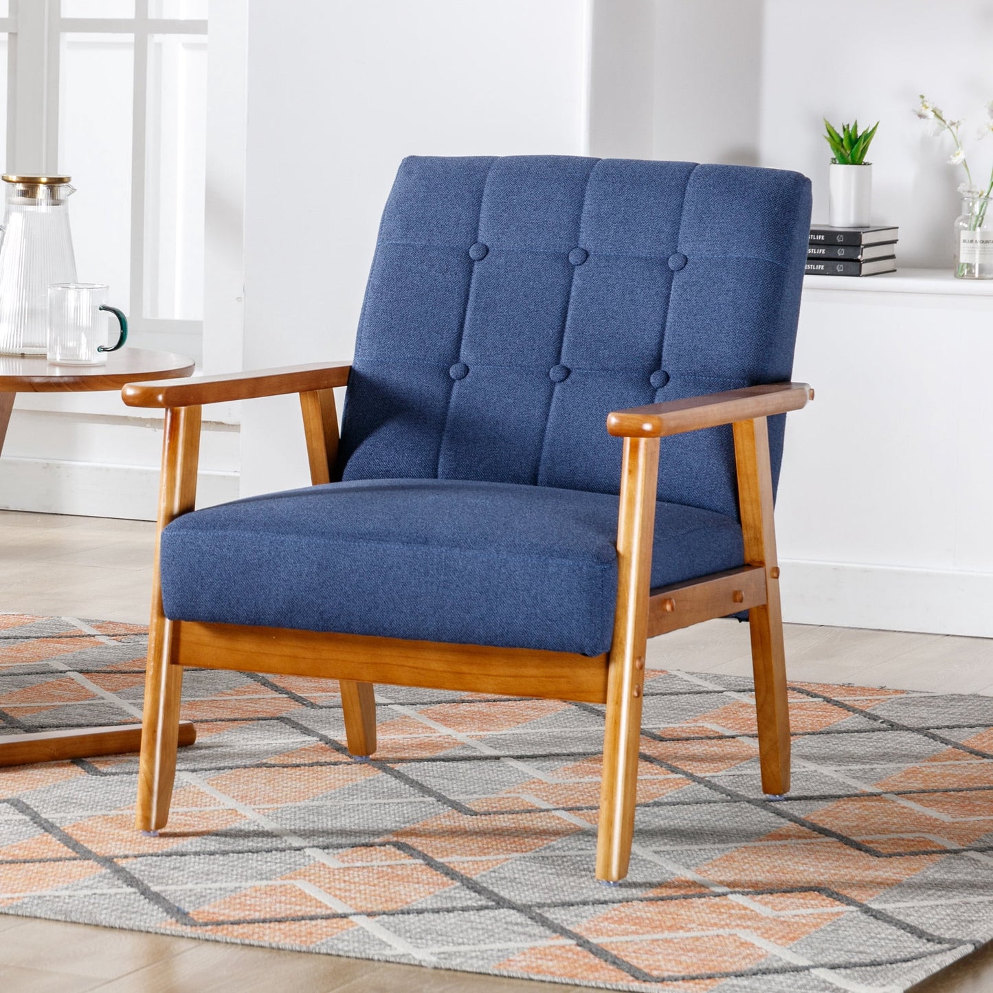 MOONMISS Linen Upholstered Tufted Mid-Century Modern Wood Frame Accent Chair for Living Room-Navy Blue