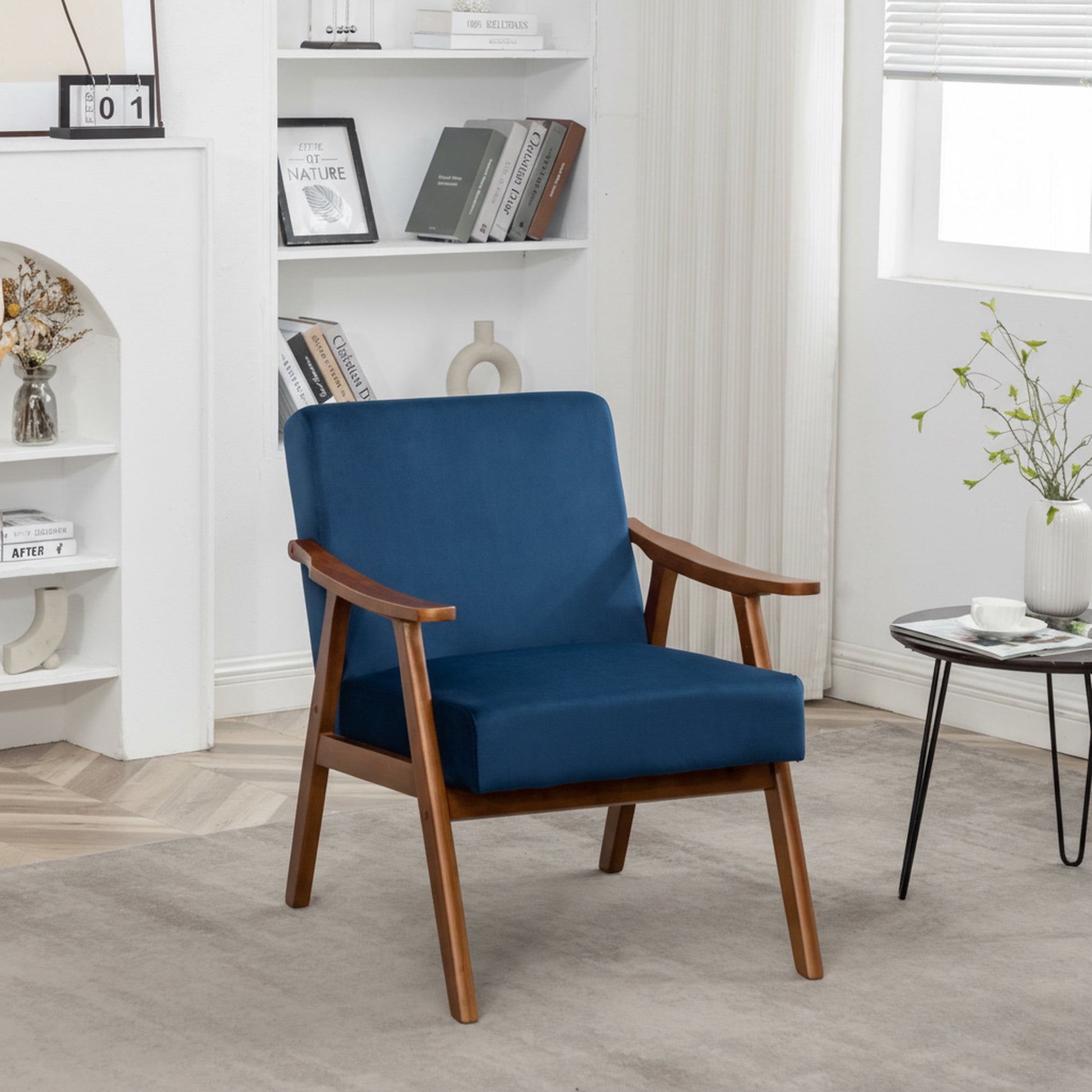 MOONMISS Mid Century Modern Accent Chair Solid Wood Frame Microfiber Living Room,Dark Blue Velvet