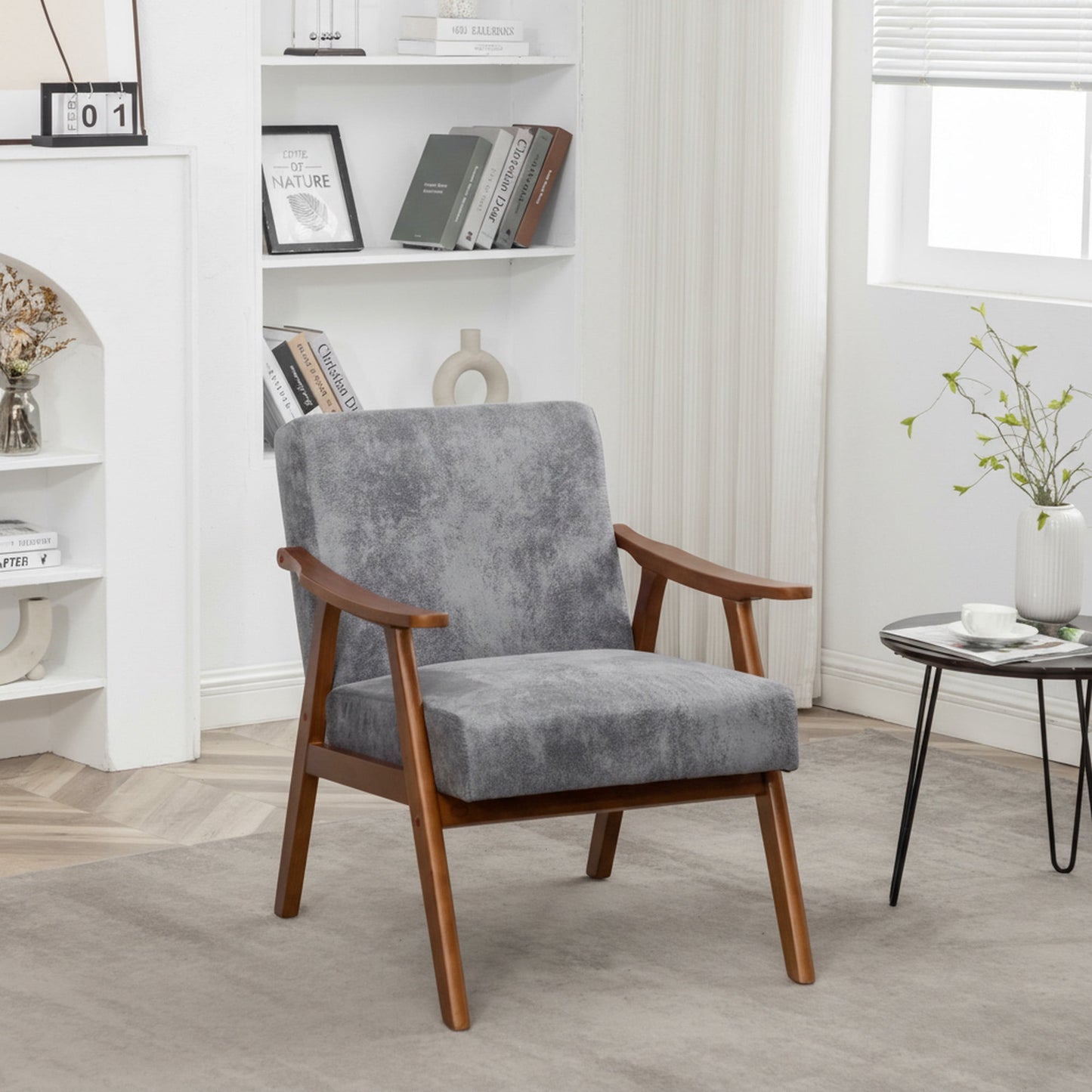 MOONMISS Mid Century Modern Accent Chair Solid Wood Frame Microfiber Living Room,Gray