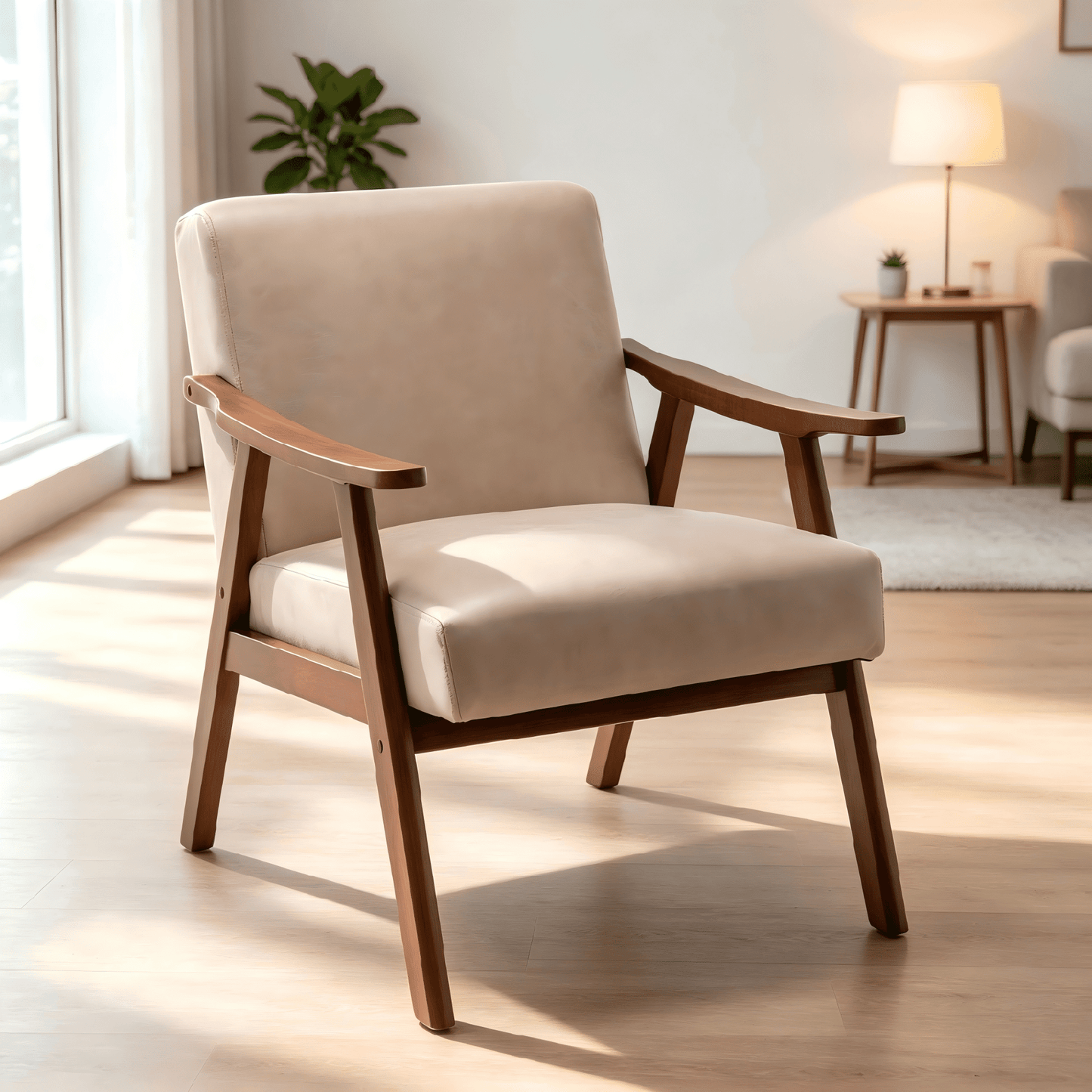 MOONMISS Mid Century Modern Accent Chair Solid Wood Frame Microfiber Living Room,Light Camel