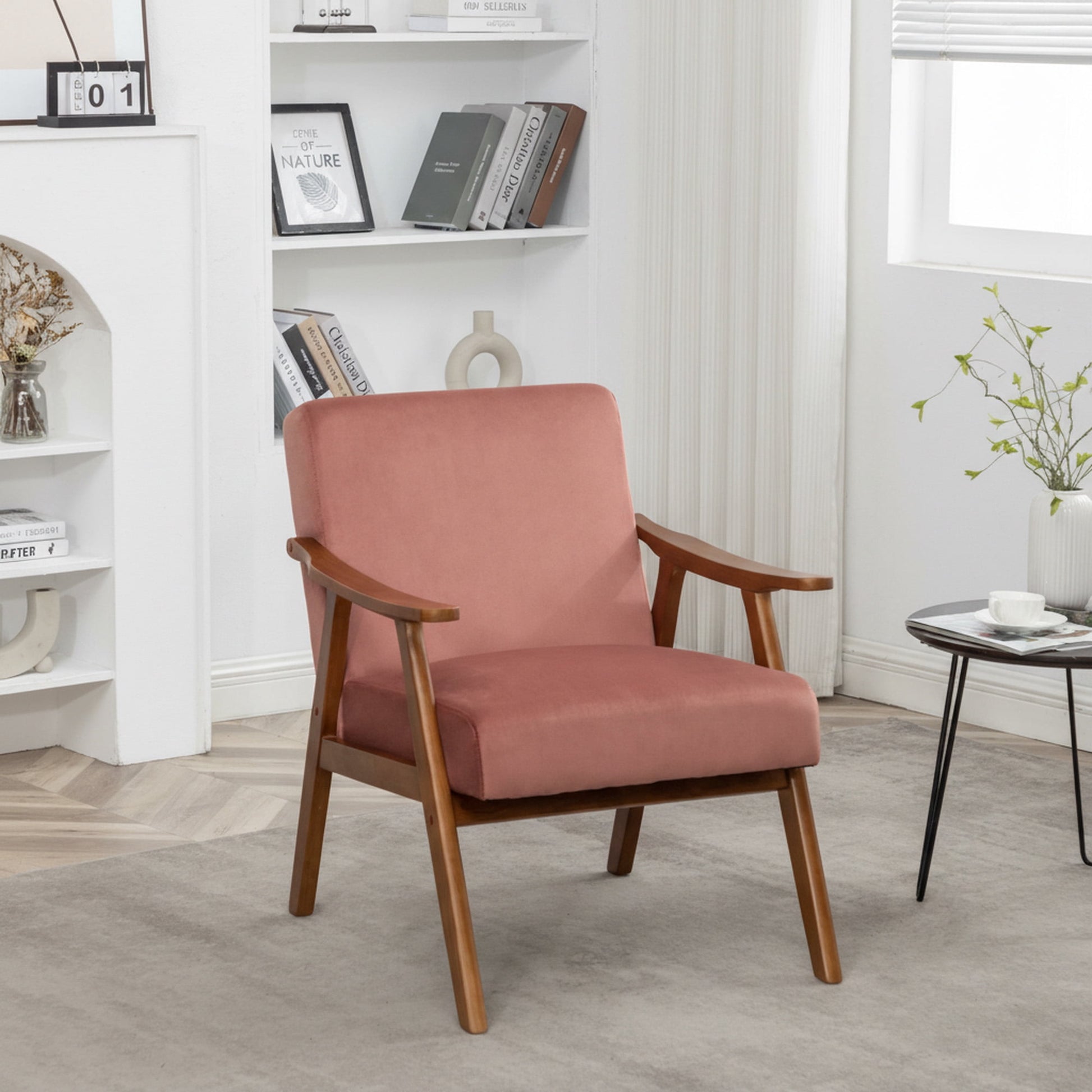 MOONMISS Mid Century Modern Accent Chair Solid Wood Frame Microfiber Living Room,Rose Velvet