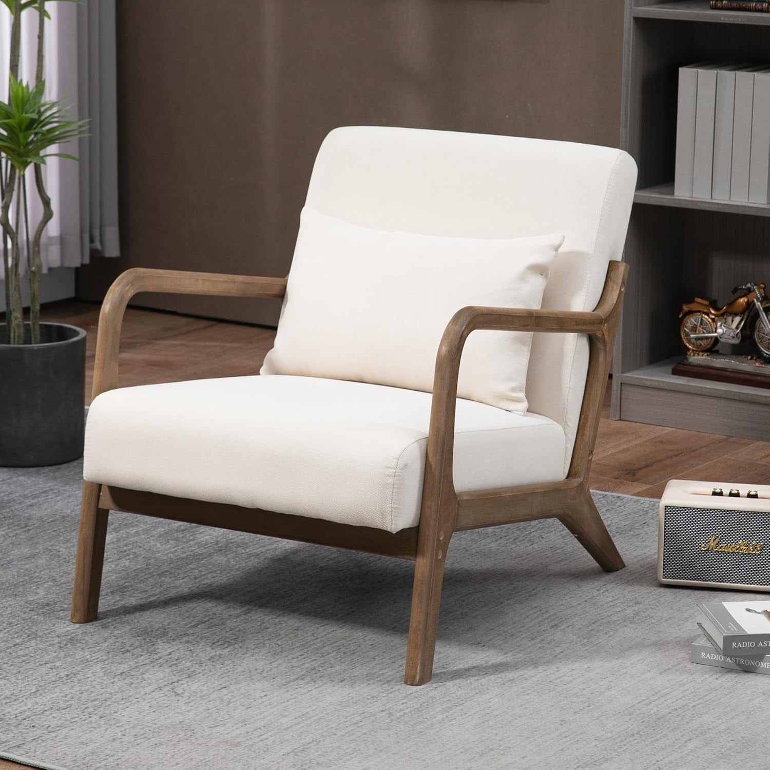 MOONMISS Mid-Century Modern Accent Chair, Velvet Fabric Arm Chair with Wood Frame and Pillow, Upholstered Armchair Comfort Reading Chair Lounge Chair for Living Room Bedroom Sunroom, White