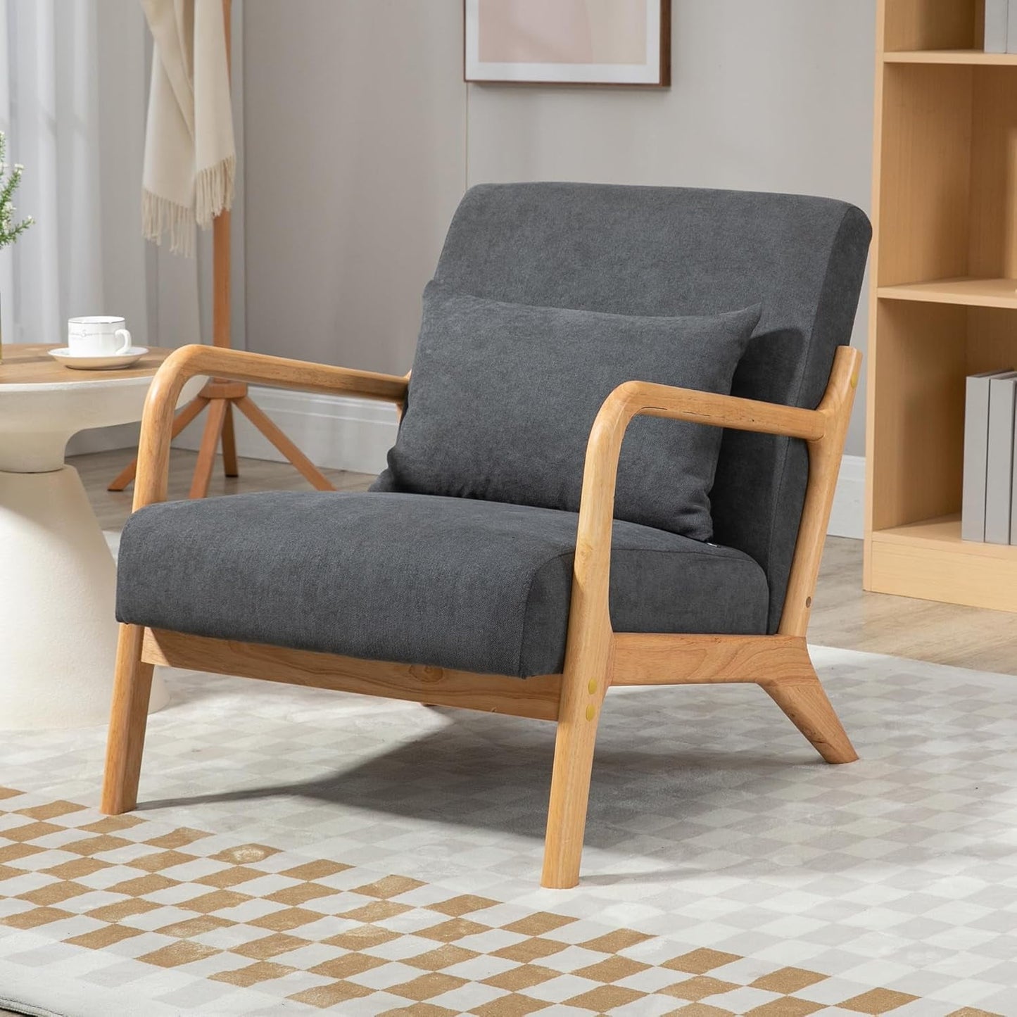 MOONMISS Mid-Century Modern Accent Chair, Velvet Fabric Arm Chair with Wood Frame and Pillow, Upholstered Armchair Comfort Reading Chair Lounge Chair for Living Room Bedroom Sunroom, Gray