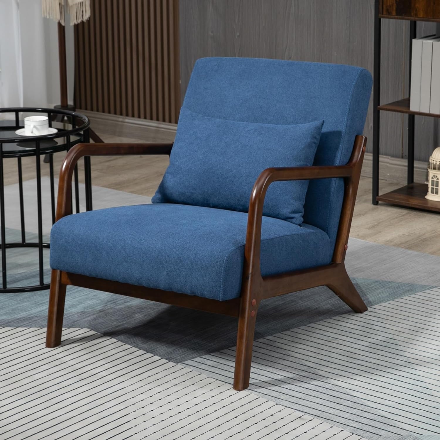 MOONMISS Mid-Century Modern Accent Chair, Velvet Fabric Arm Chair with Wood Frame and Pillow, Upholstered Armchair Comfort Reading Chair Lounge Chair for Living Room Bedroom Sunroom,Blue