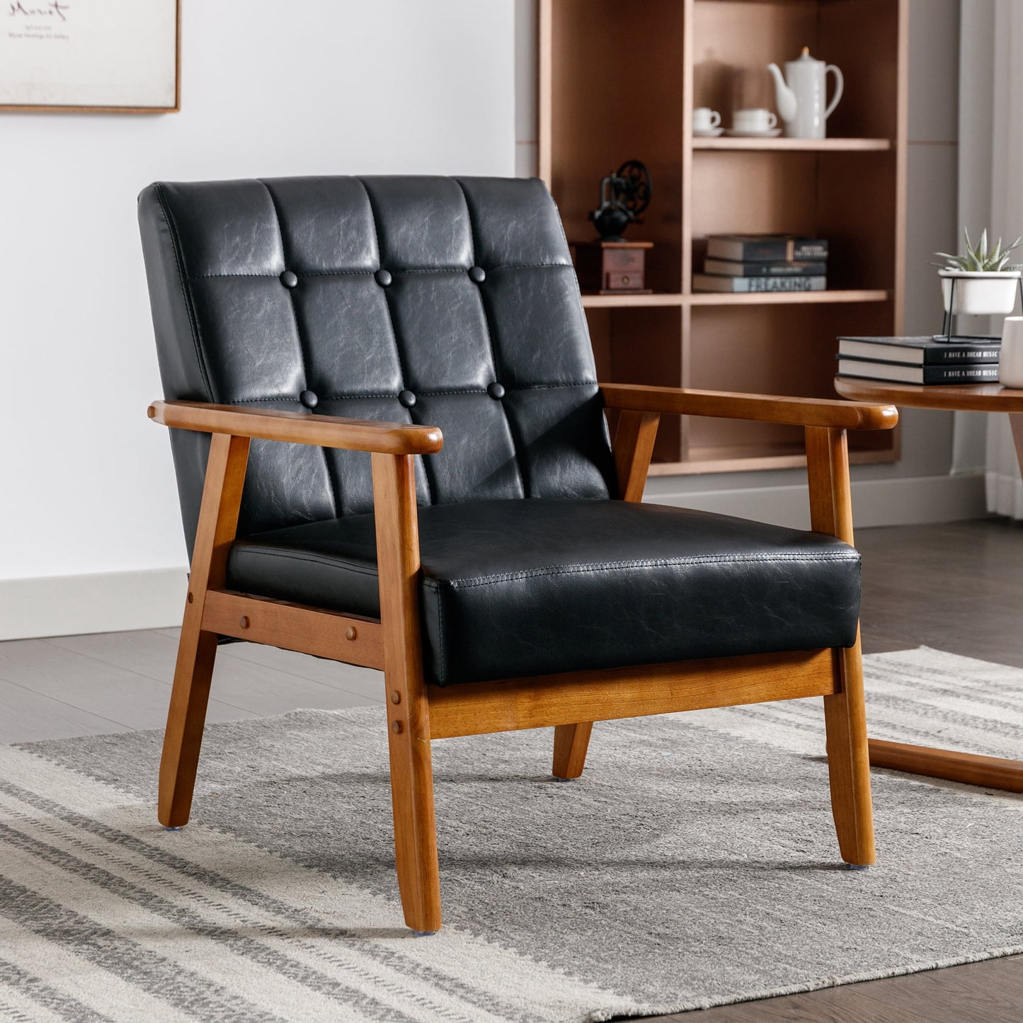 MOONMISS Mid Century Modern Arm Chair with Rubber Wood Frame, Accent Chair with PU Upholstery for Living Room Bedroom Reading Room, Easy Assembly,Black