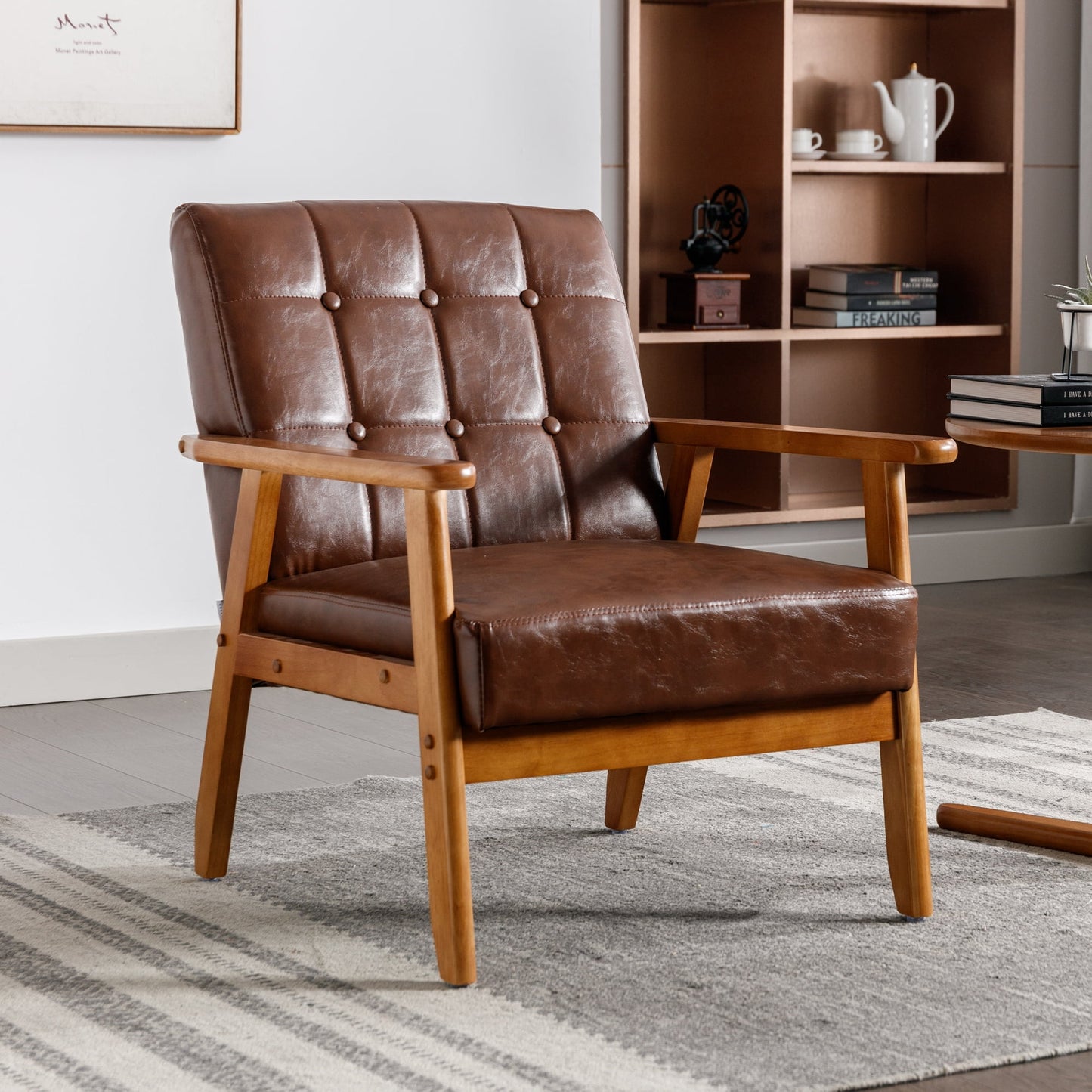 MOONMISS Mid Century Modern Arm Chair with Rubber Wood Frame, Accent Chair with PU Upholstery for Living Room Bedroom Reading Room, Easy Assembly,Brown