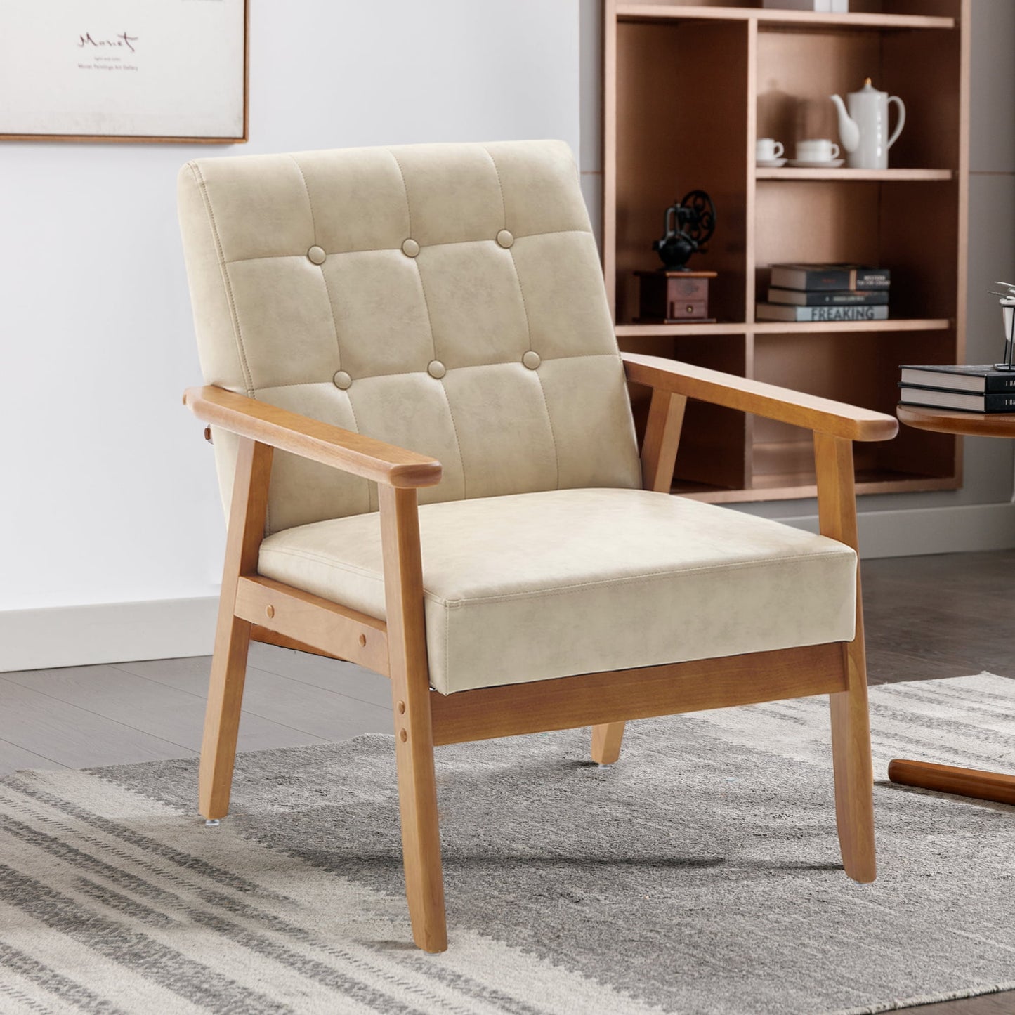 MOONMISS Mid Century Modern Arm Chair with Rubber Wood Frame, Accent Chair with PU Upholstery for Living Room Bedroom Reading Room, Easy Assembly,Khaki