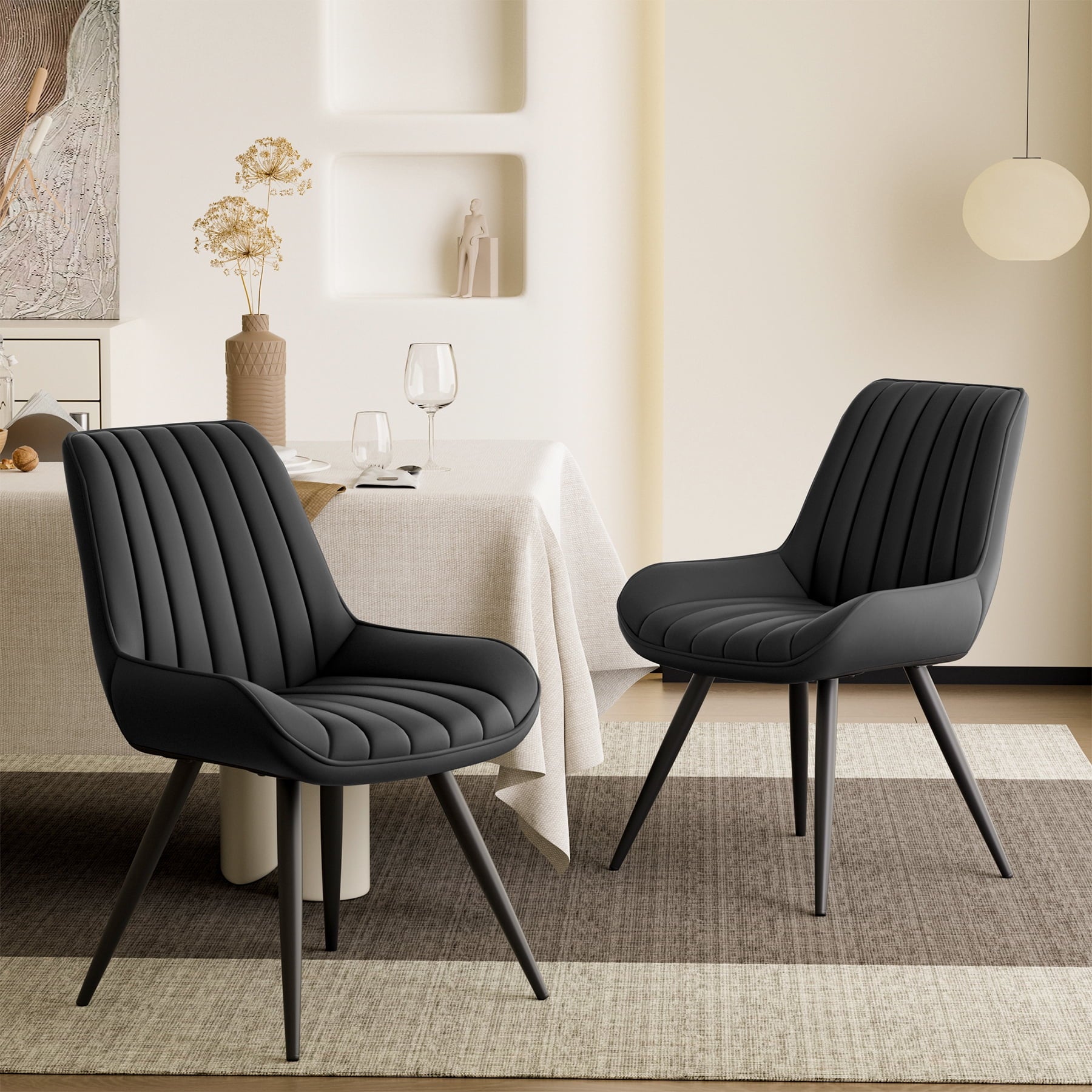 MOONMISS Modern Upholstered Dining Chairs Set of 2, Comfy Kitchen Side Chairs with Thick Cushions & Metal Legs,Black