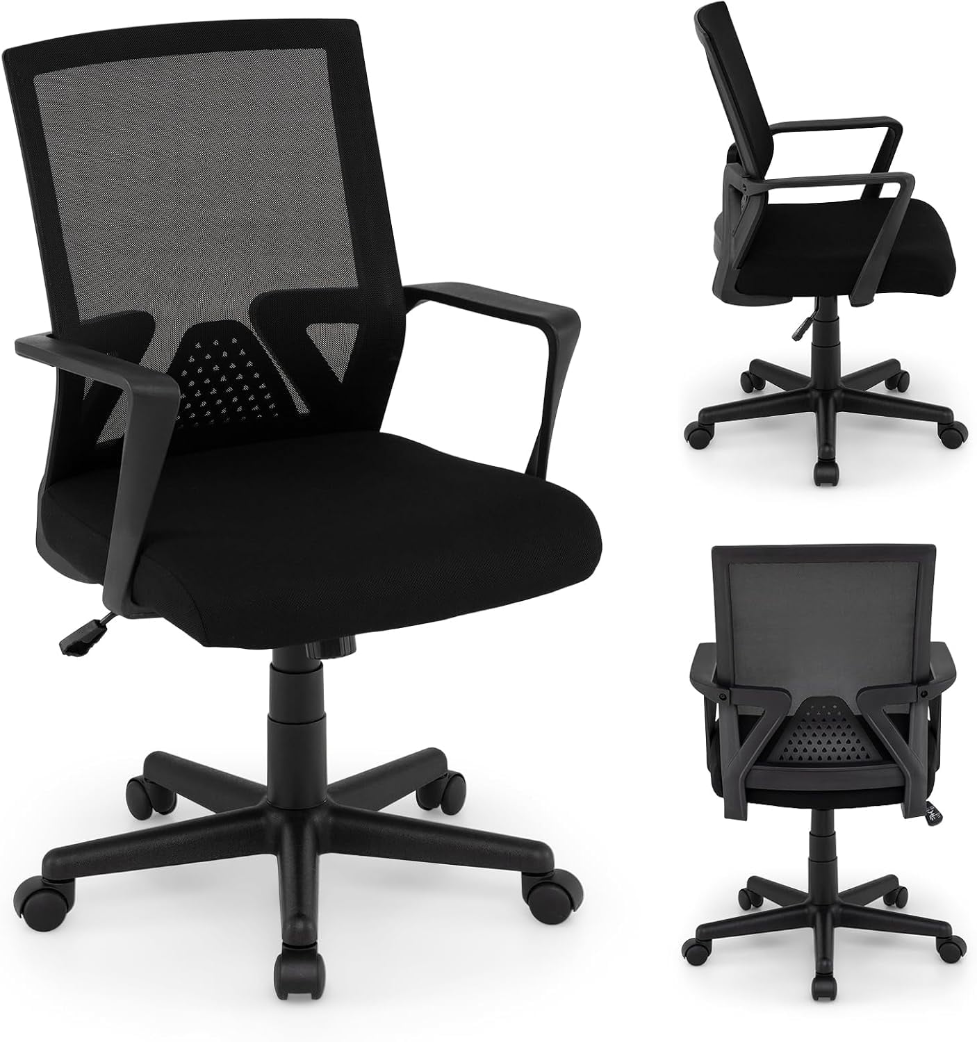 MOONMISS Office Desk Chair with Lumbar Support, Ergonomic Mesh Office Chair with Wheels and Armrests, Mid Back Rolling Swivel Adjustable Task Chair, Executive Computer Chair for Home Office, Black