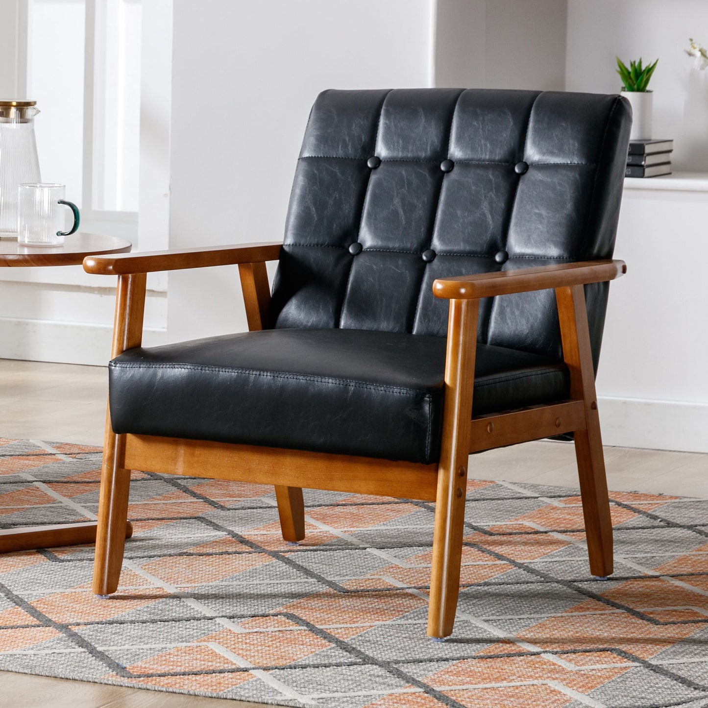 MOONMISS PU Leather Upholstered Tufted Mid-Century Modern Wood Frame Accent Chair for Living Room-Black