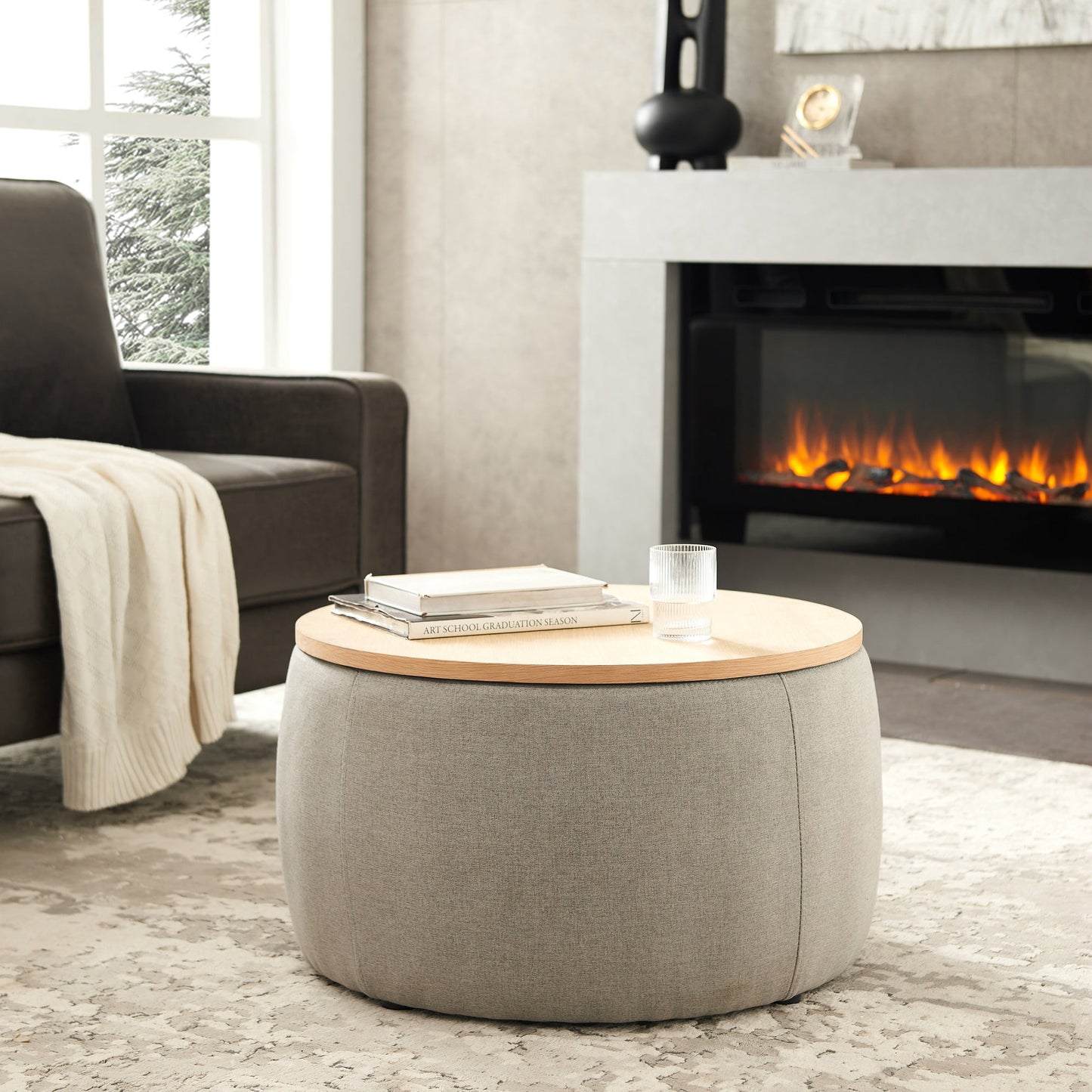 MOONMISS Round Storage Ottoman,25.5'' Foot Rest with Storage,Work as Side Table & Ottoman & Seat,Light Grey