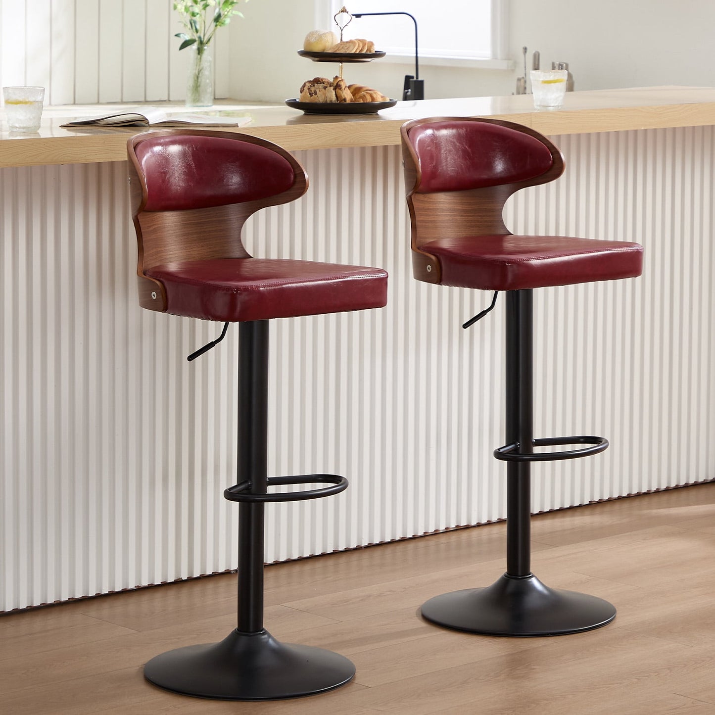 MOONMISS Swivel Bar Stools Set of 2, Wooden Kitchen Bar Chairs with Back, PU Leather Counter Height Barstools for Kitchen Island,Wine Red