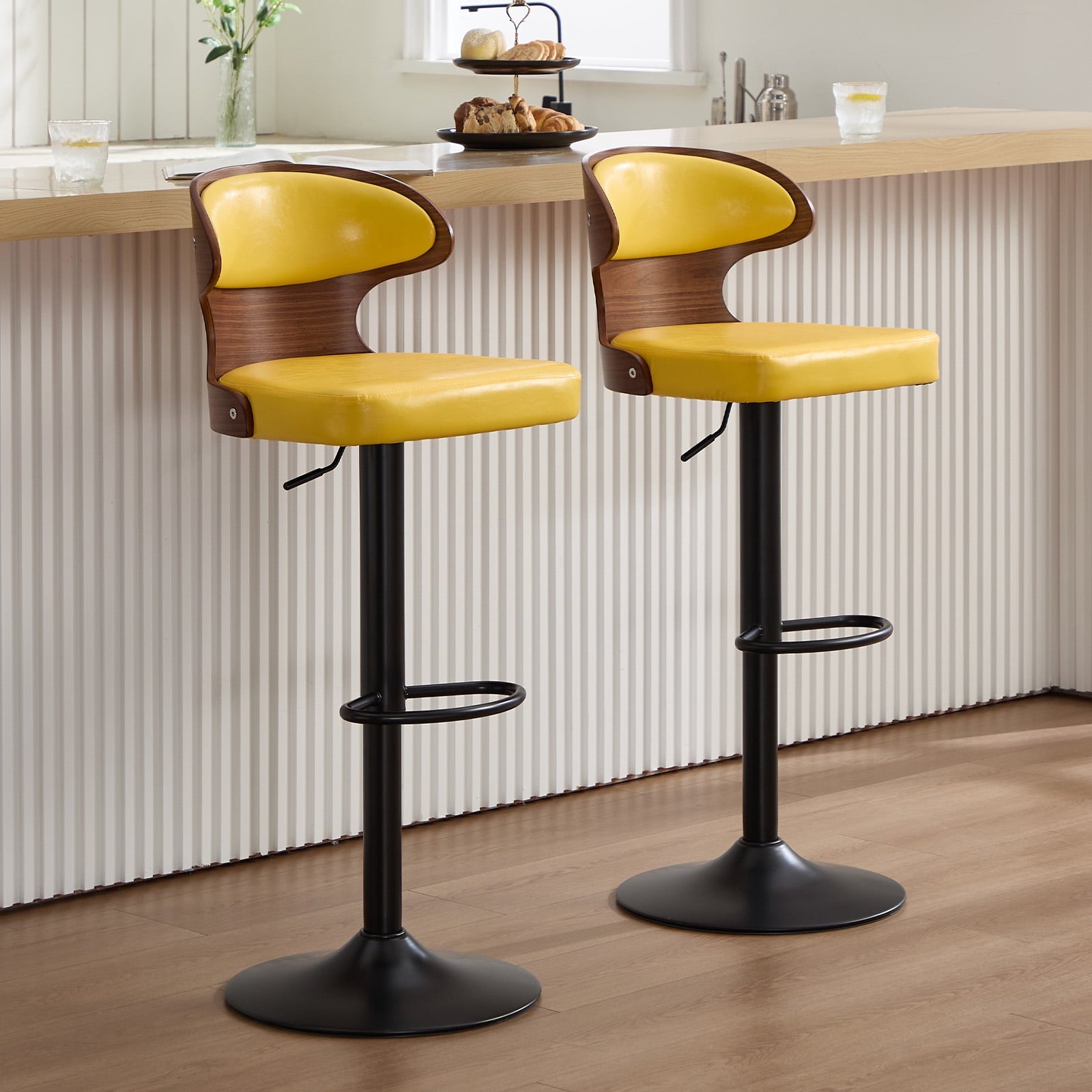 MOONMISS Swivel Bar Stools Set of 2, Wooden Kitchen Bar Chairs with Back, PU Leather Counter Height Barstools for Kitchen Island,Yellow