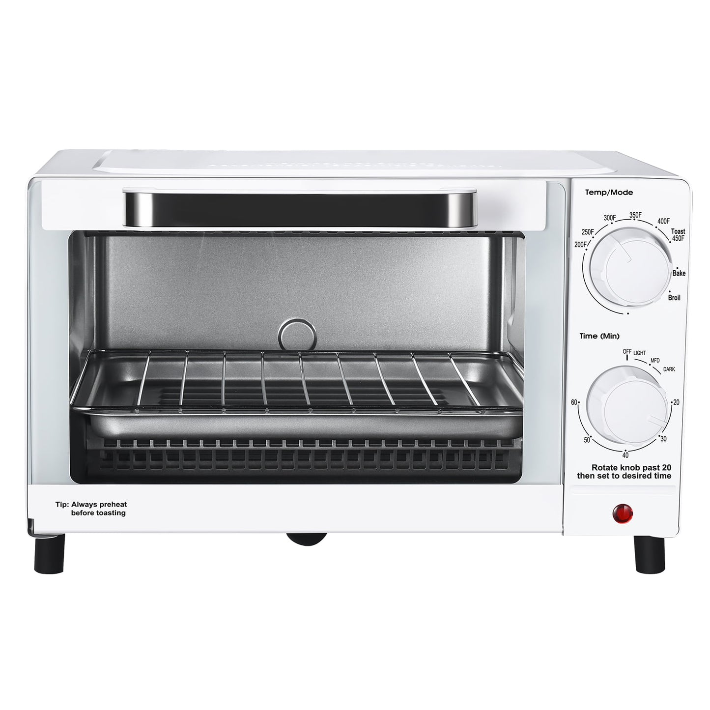 Mainstays 4 Slice Countertop Toaster Oven with 3 Settings, Includes Baking Rack and Pan, Arctic White, New