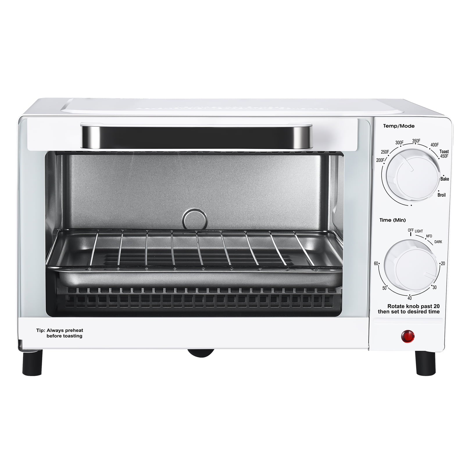 Mainstays 4 Slice Countertop Toaster Oven with 3 Settings, Includes Baking Rack and Pan, Arctic White, New