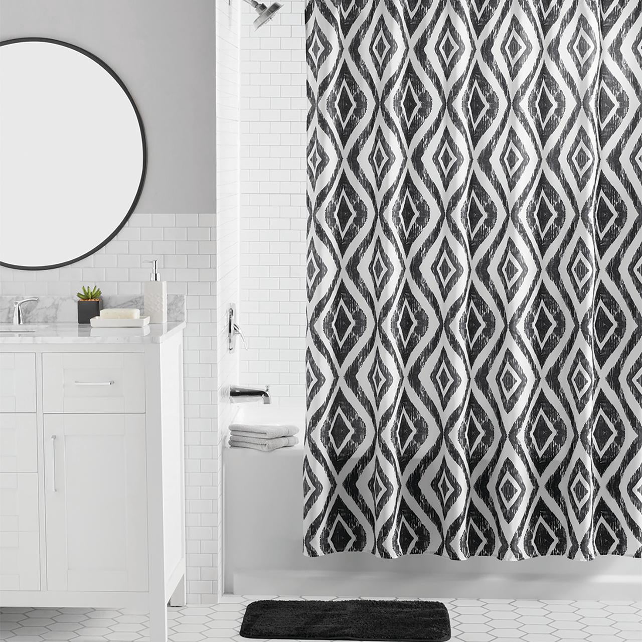 Mainstays 16-Piece Black Diamond Pattern Shower Curtain Bathroom Set â€“ Fabric Curtain with Rug, Hooks, Soap Dispenser & Tray