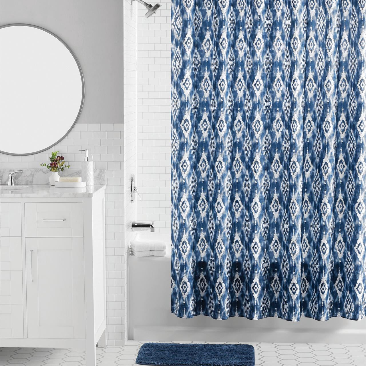 Mainstays 16-Piece Blue Ikat Shower Curtain Bathroom Set â€“ Fabric Curtain with Rug, Hooks, Soap Dispenser & Tray