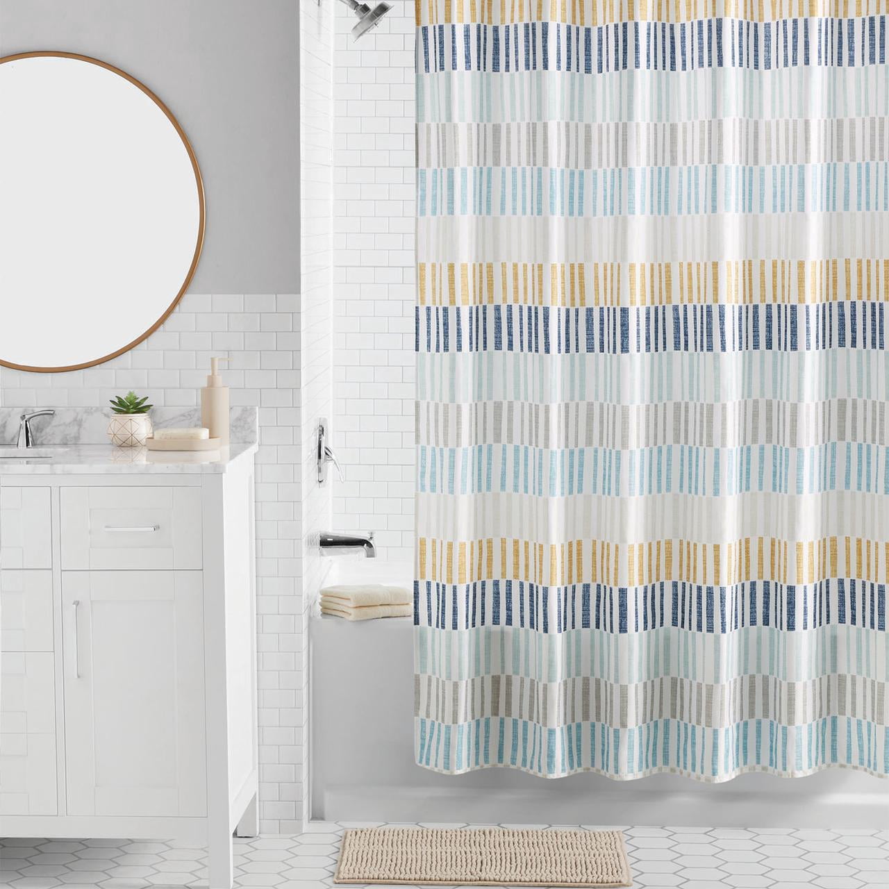 Mainstays 16-Piece Multi-color Stripe Shower Curtain Bathroom Set â€“ Fabric Curtain with Rug, Hooks, Soap Dispenser & Tray