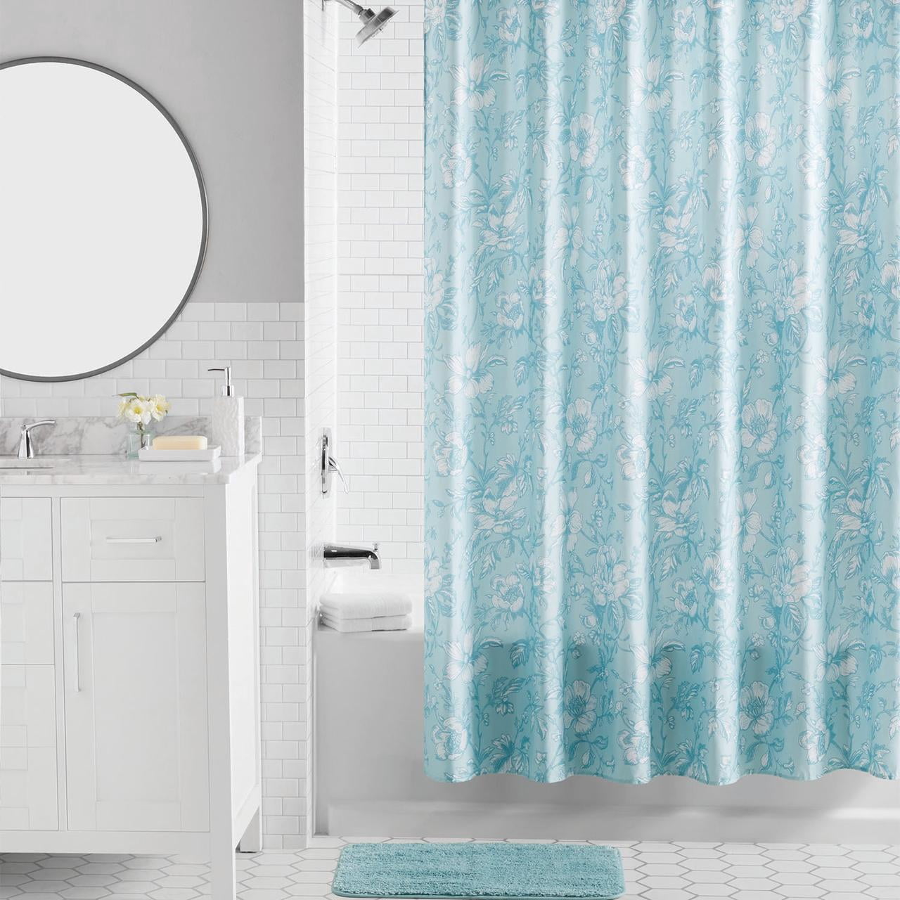 Mainstays 16-Piece Blue Floral Shower Curtain Bathroom Set â€“ Fabric Curtain with Rug, Hooks, Soap Dispenser & Tray