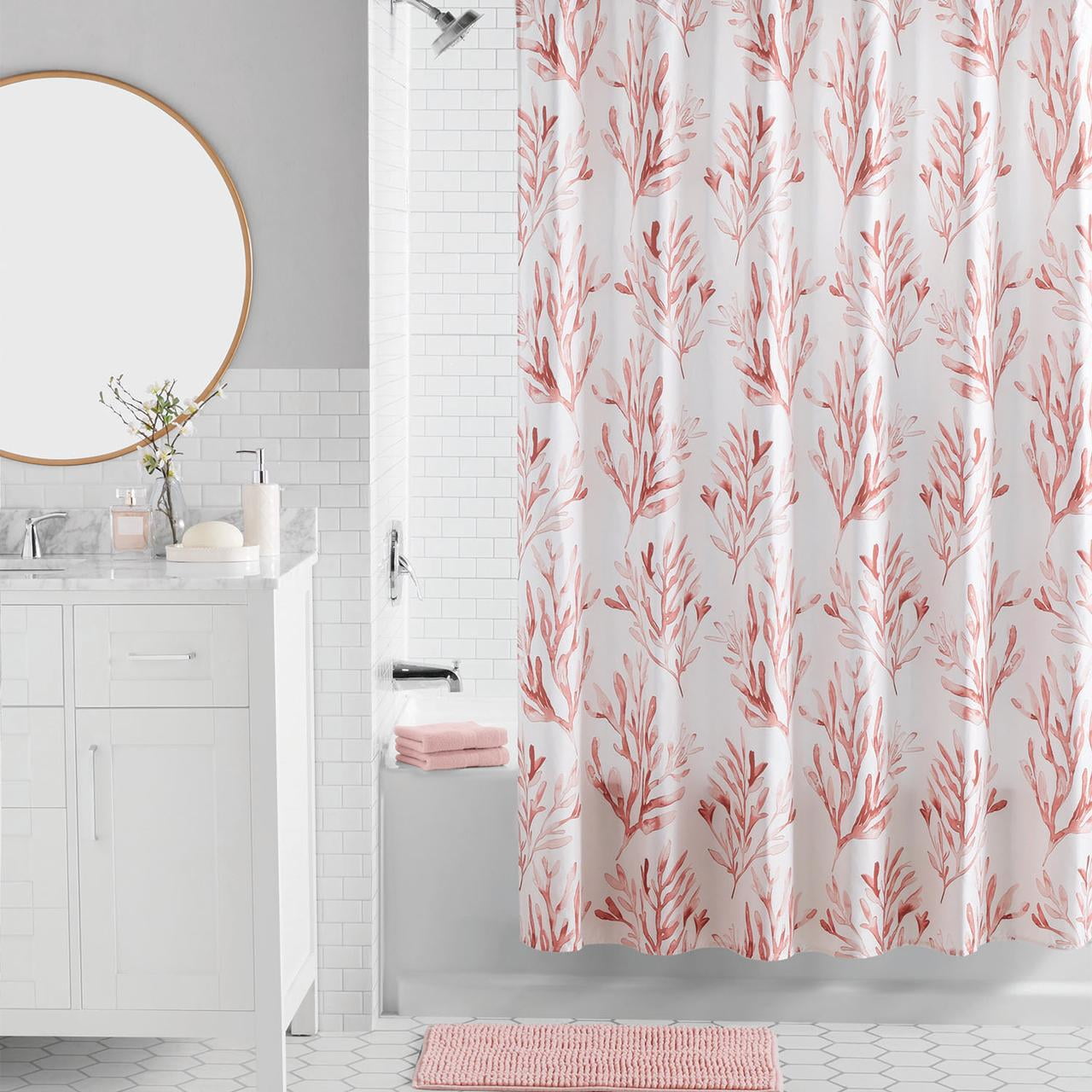 Mainstays 16-Piece Pink Coastal Botanical Shower Curtain Bathroom Set â€“ Fabric Curtain with Rug, Hooks, Soap Dispenser & Tray