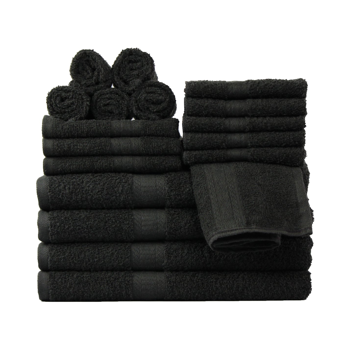 Mainstays 18 Piece 100% Cotton Towel Set, 4 Bath , 4 Hand and 10 Washcloths, Super Soft and Highly Absorbent Basic Solid Towel Set for Bathroom, Hotels, Spa and Gym â€“ Black