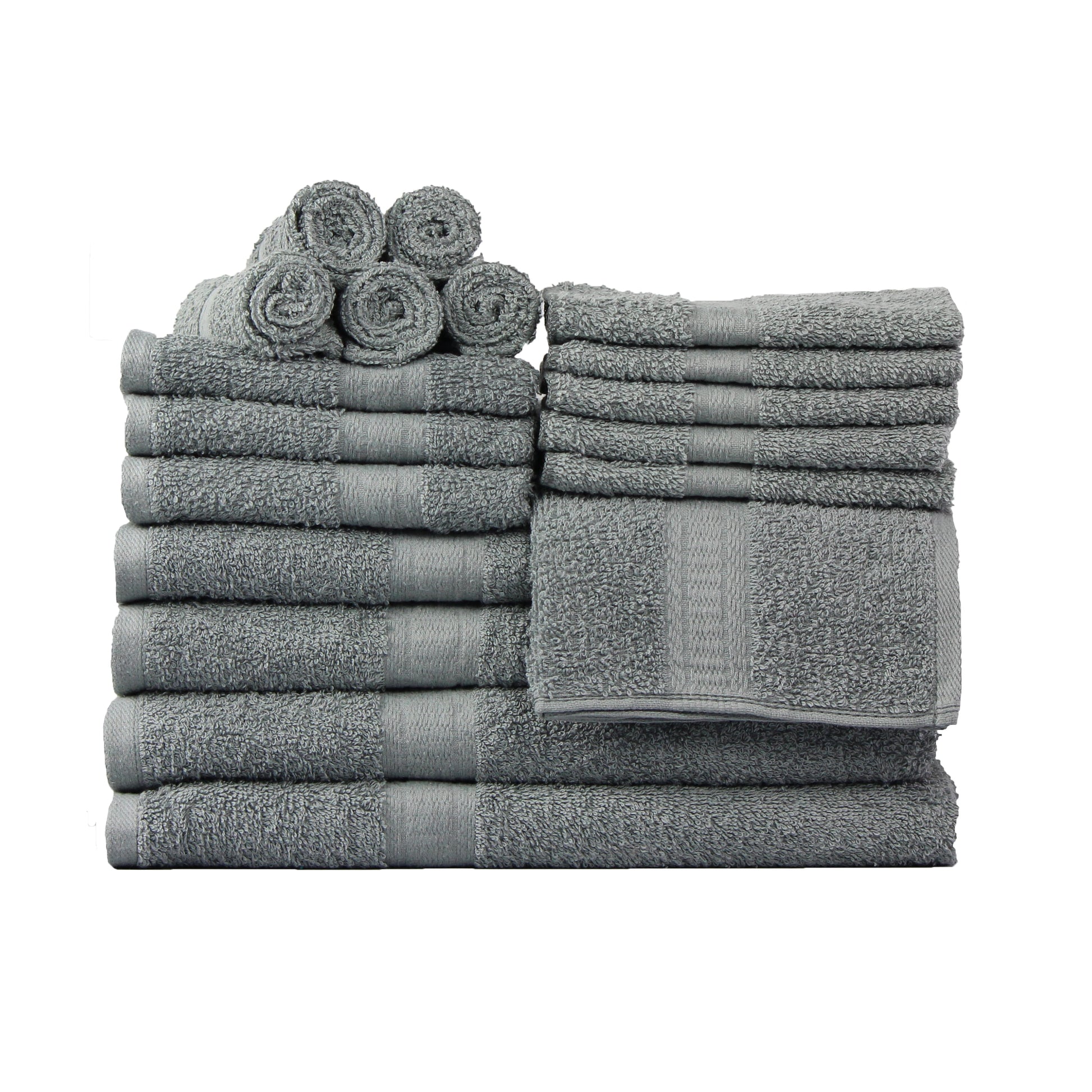 Mainstays 18 Piece 100% Cotton Towel Set, 4 Bath , 4 Hand and 10 Washcloths, Super Soft and Highly Absorbent Basic Solid Towel Set for Bathroom, Hotels, Spa and Gym â€“ Grey