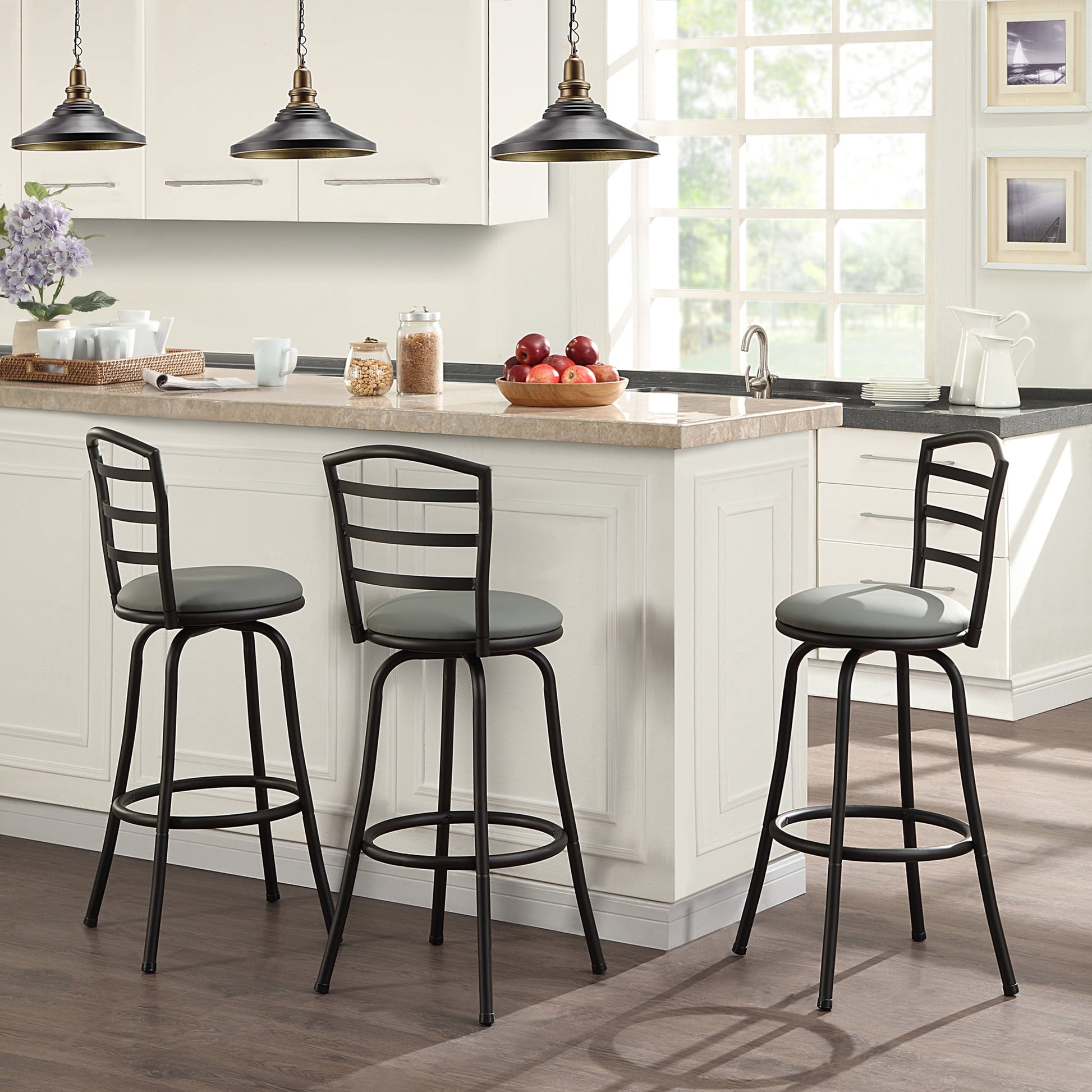 Mainstays 3 Pack Indoor Adjustable  24" or 29" Swivel Adjustable Black Metal Barstool, Dark Gray Seat