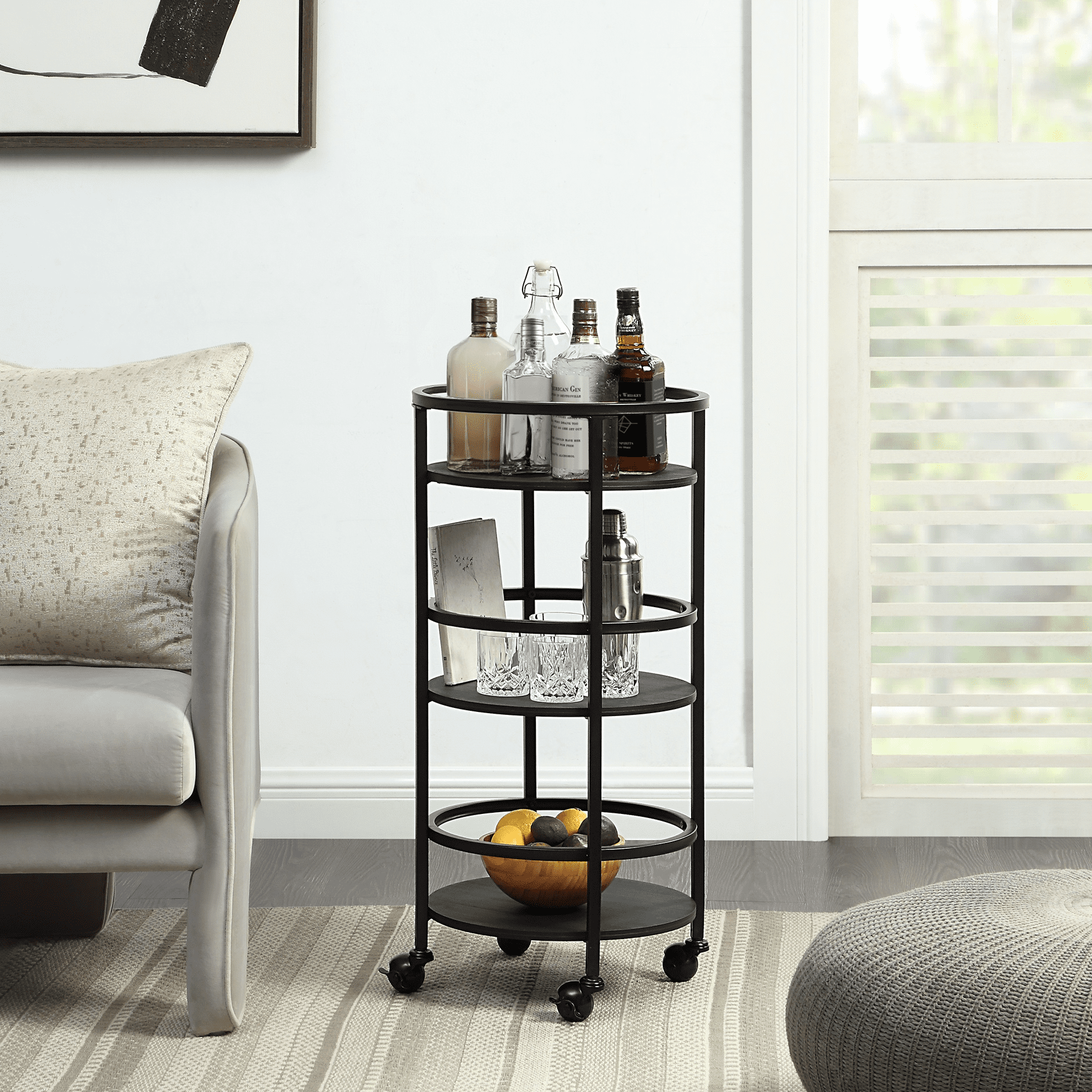 Mainstays 32"  3-Tier Rolling Round Kitchen Storage Bar Cart, Black