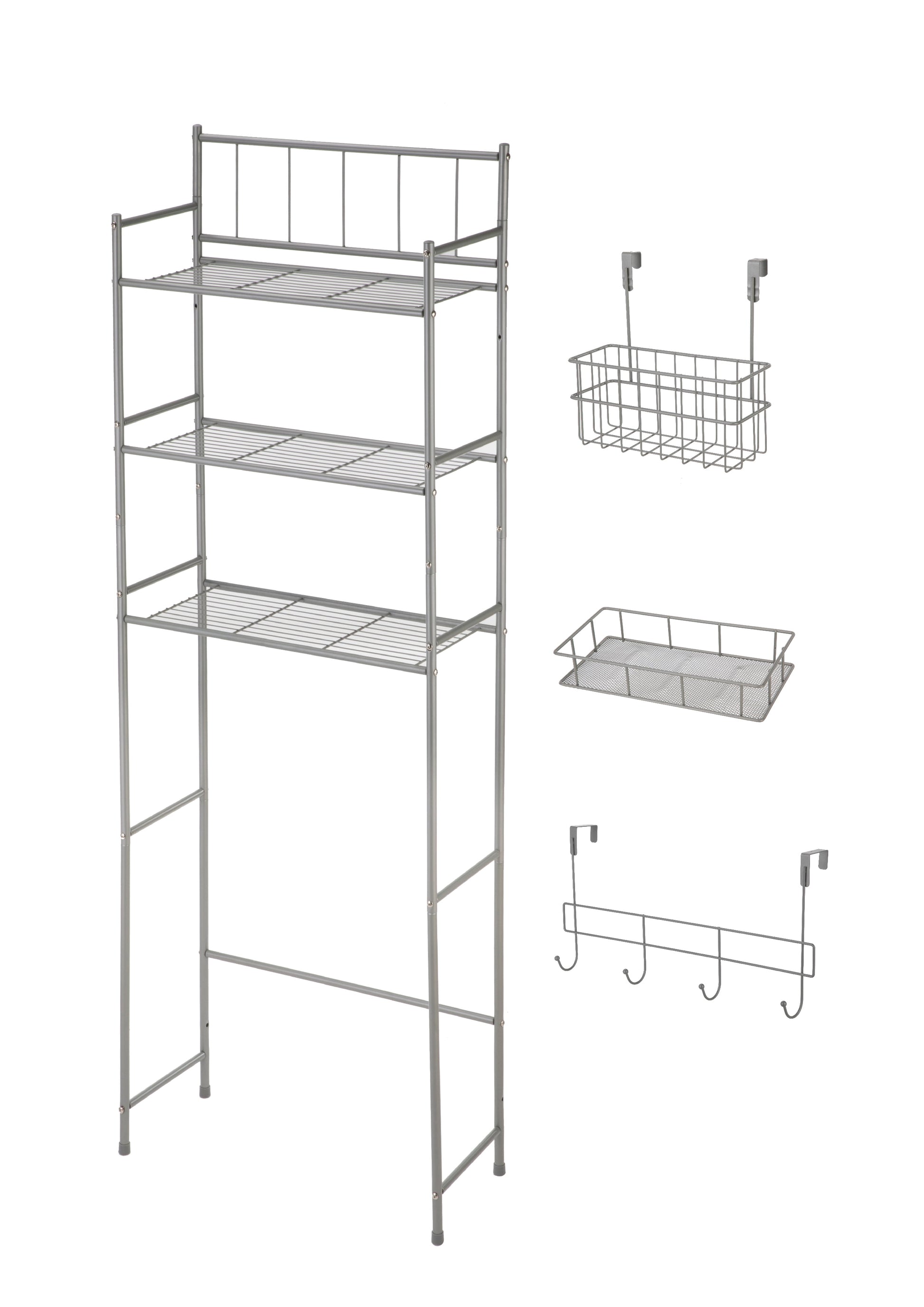 Mainstays Satin Nickel Over the Toilet Bathroom Storage Shelf Unit Set with Space Saver, Basket and Hooks, 4-Piece
