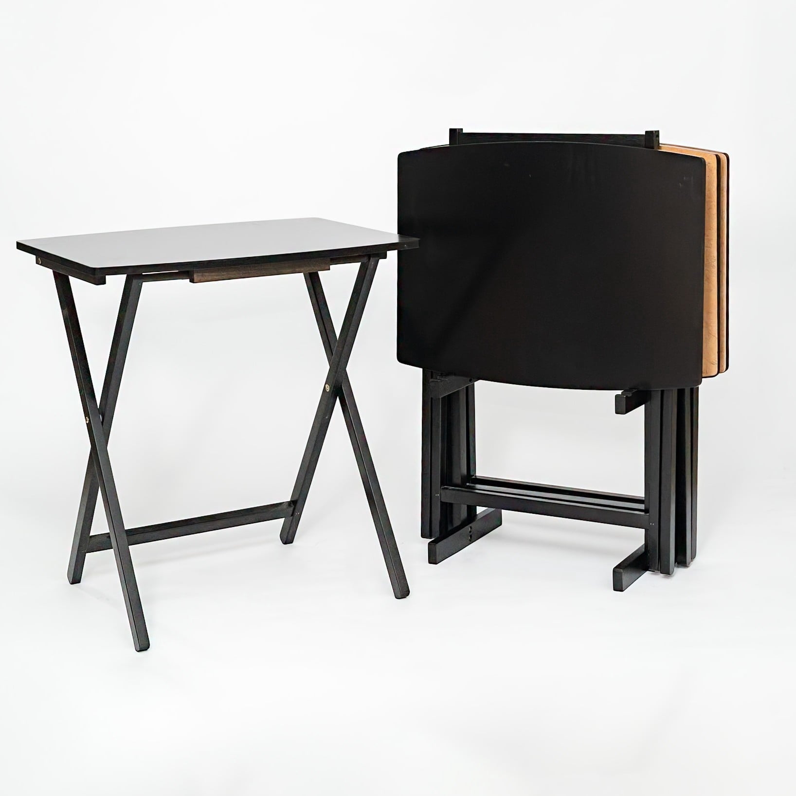 Mainstays XL Oversized 5-Piece Rubberwood Folding TV Tray Table Set of 4 with Storage Rack, Black