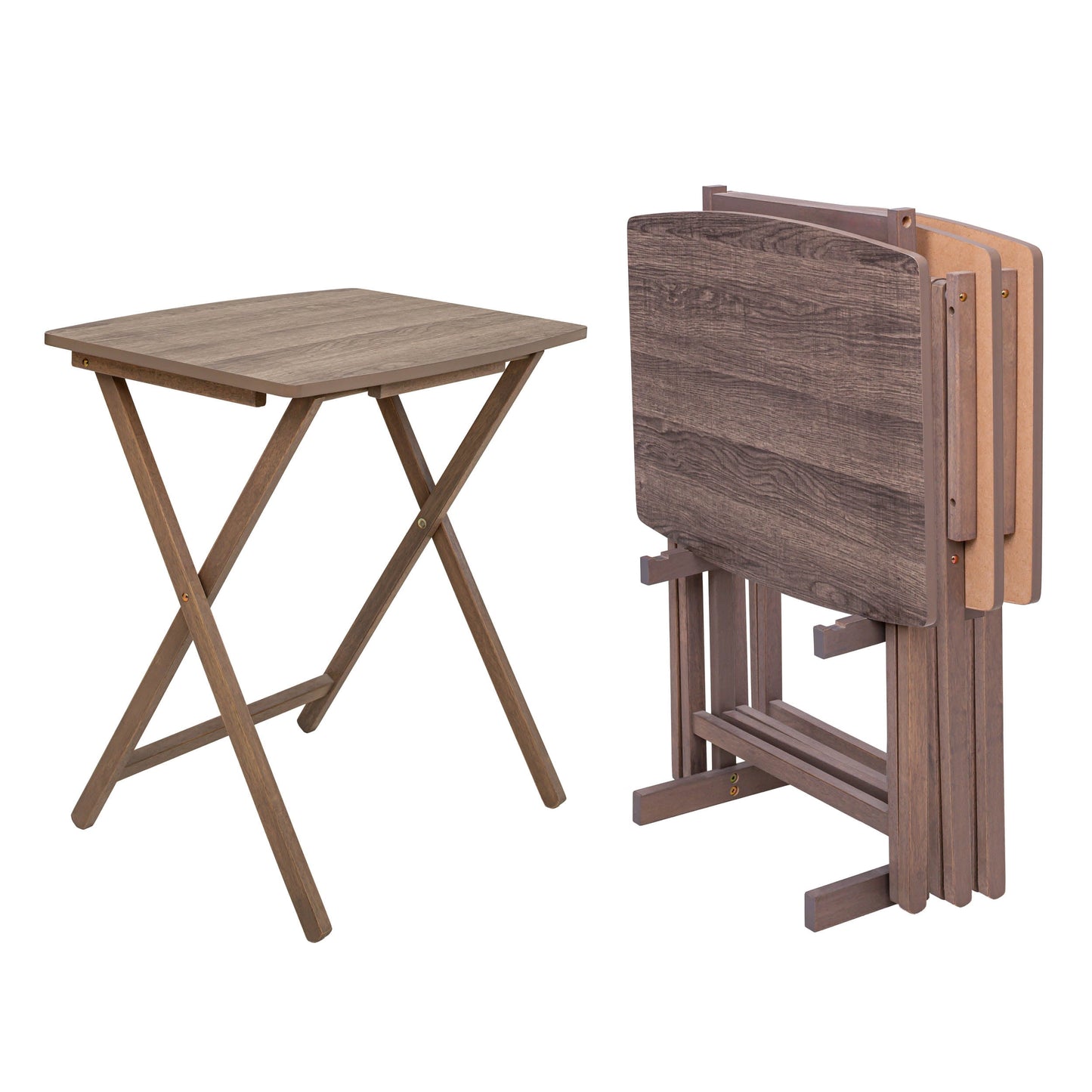 Mainstays XL Oversized 5-Piece Rubberwood Folding TV Tray Table Set of 4 with Storage Rack, Rustic Gray