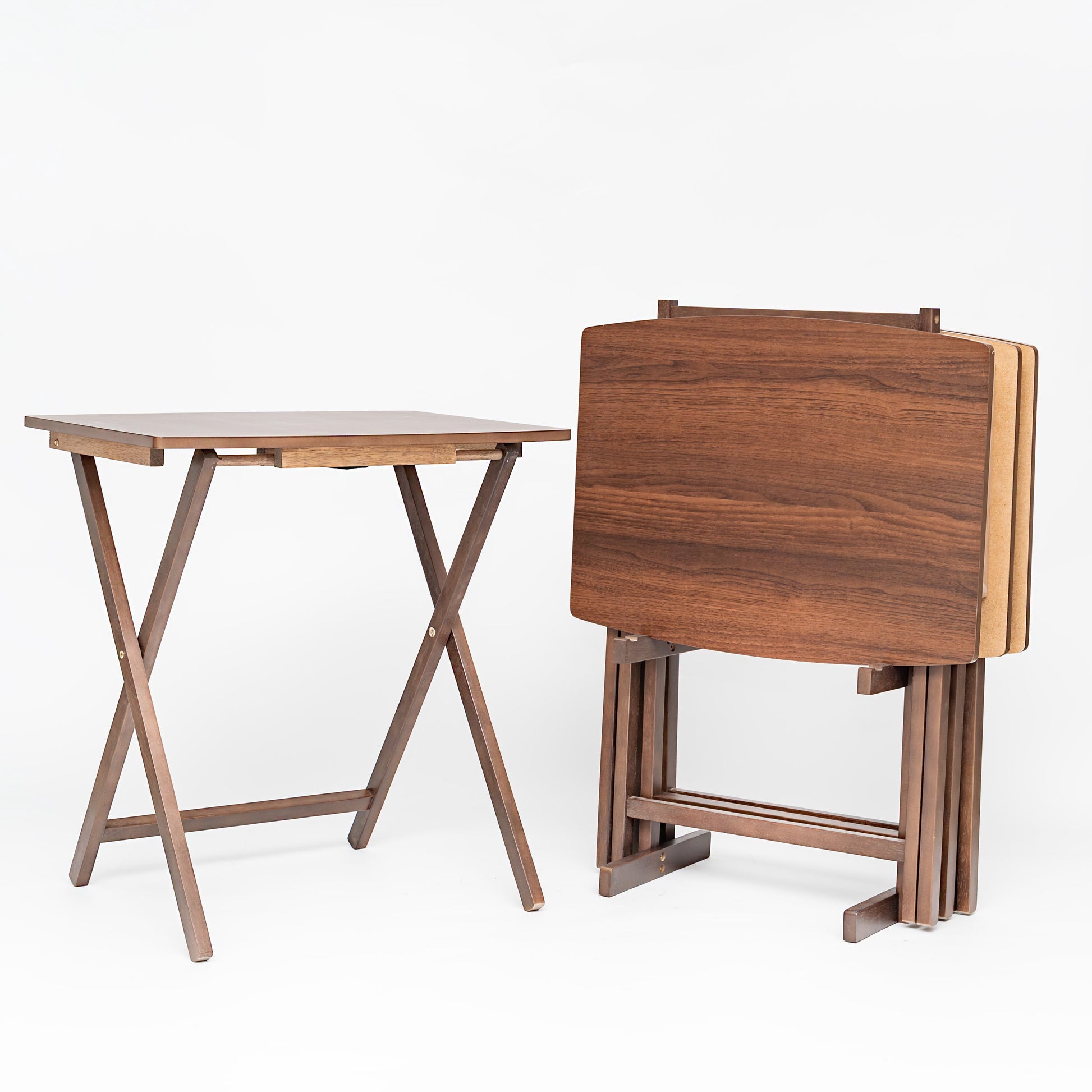 Mainstays XL Oversized 5-Piece Rubberwood Folding TV Tray Table Set of 4 with Storage Rack, Walnut