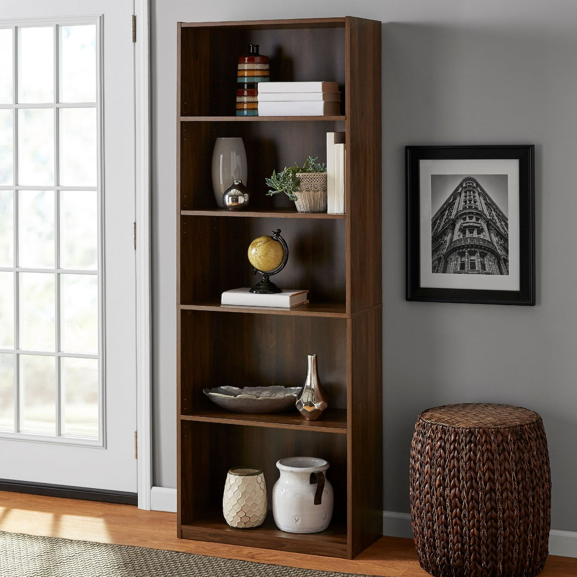 Mainstays 5-Shelf Bookcase with Adjustable Shelves, Rustic Oak