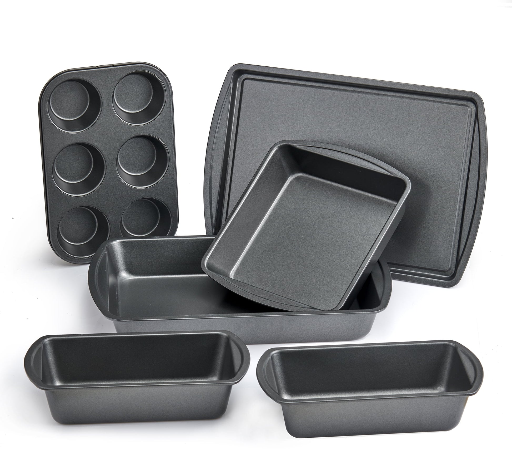 Mainstays 6 Piece Non-Stick Carbon Steel Bakeware Set with Cake, Muffin, Cookie and Loaf Pans, Gray