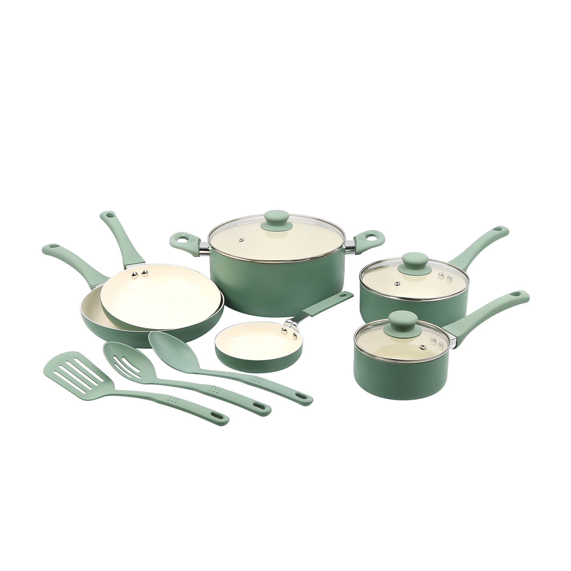 Mainstays Ceramic Aluminum, 12 Piece, Pots and Pans Cookware Set Green Nonstick