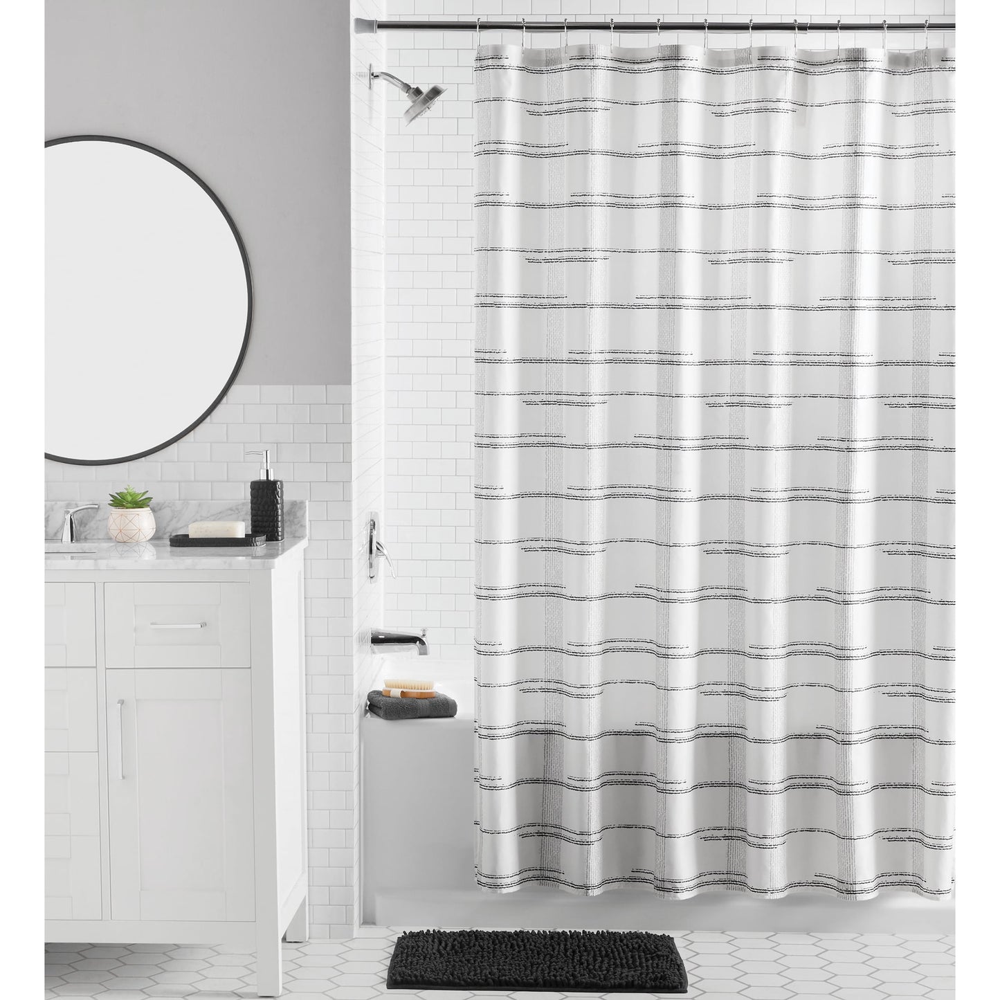 Mainstays 16-Piece Black Plaid Shower Curtain Bathroom Set â€“ Black Fabric Curtain with Rug, Hooks, Soap Pump & Tray