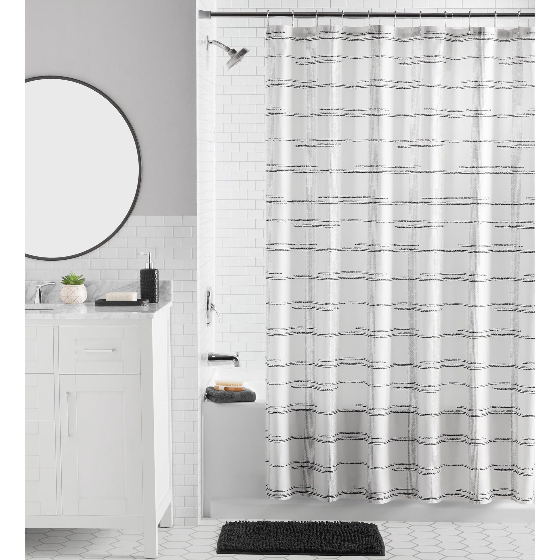 Mainstays 16-Piece Black Plaid Shower Curtain Bathroom Set â€“ Black Fabric Curtain with Rug, Hooks, Soap Pump & Tray